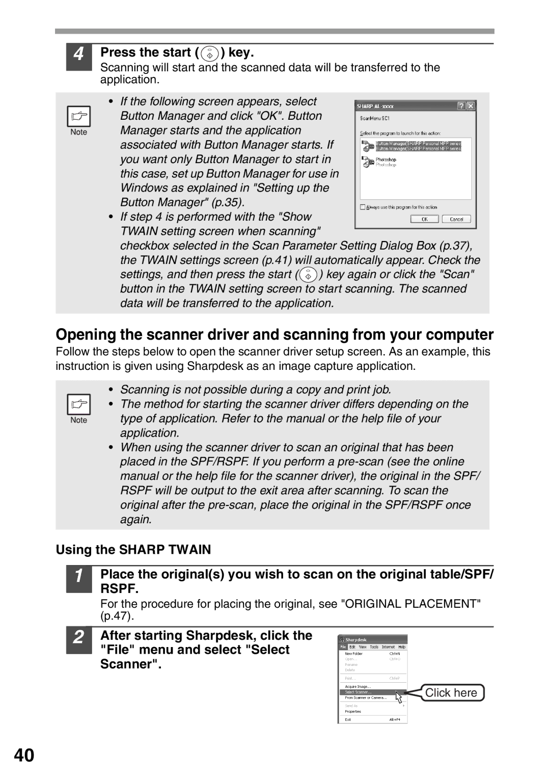 Sharp AL-1555, AL-1553, AL-1552 Opening the scanner driver and scanning from your computer, Press the start Key 