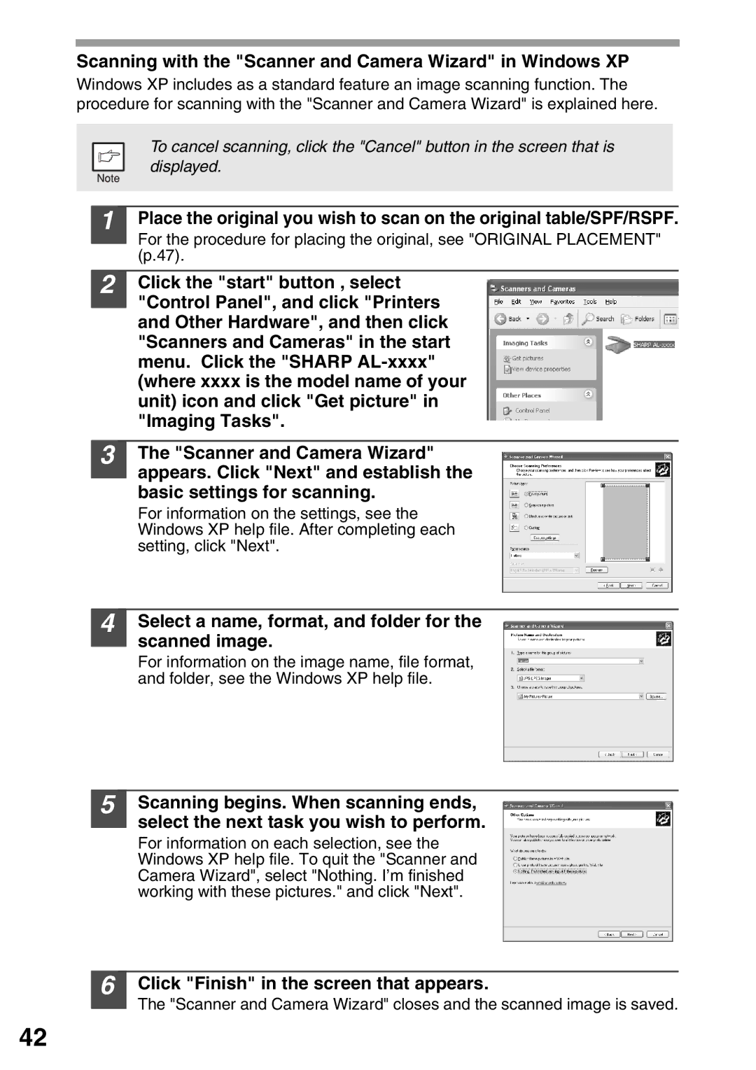 Sharp AL-1552, AL-1555 Scanning with the Scanner and Camera Wizard in Windows XP, Click Finish in the screen that appears 