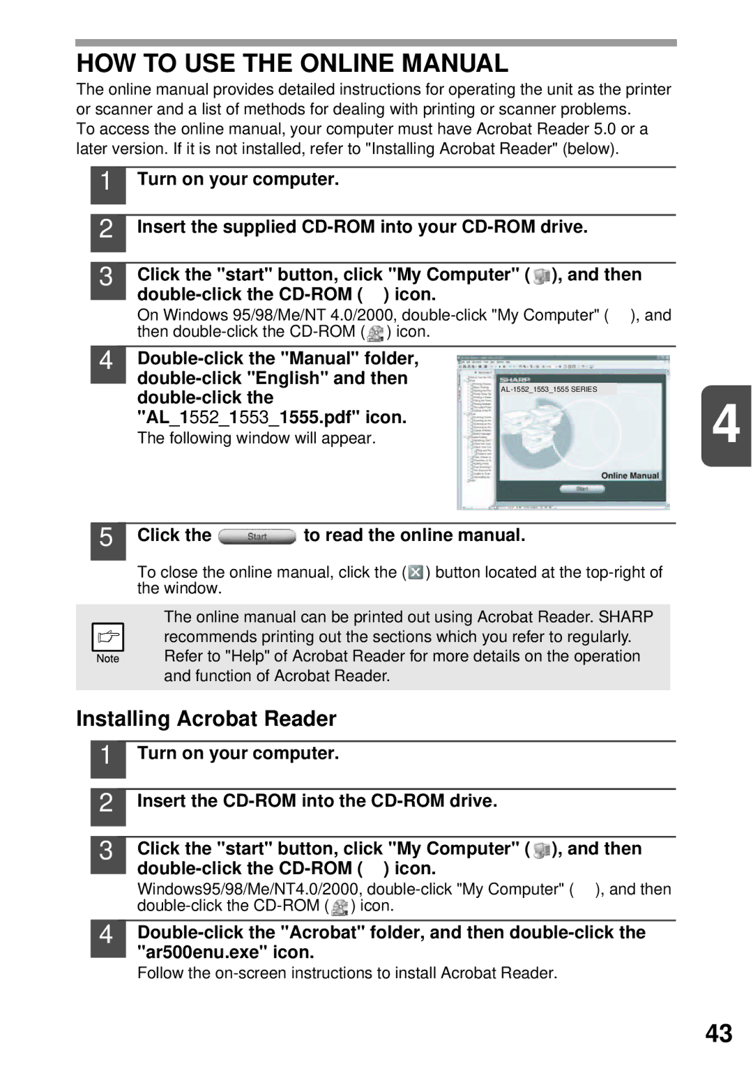 Sharp AL-1555, AL-1553 HOW to USE the Online Manual, Installing Acrobat Reader, Click the to read the online manual 