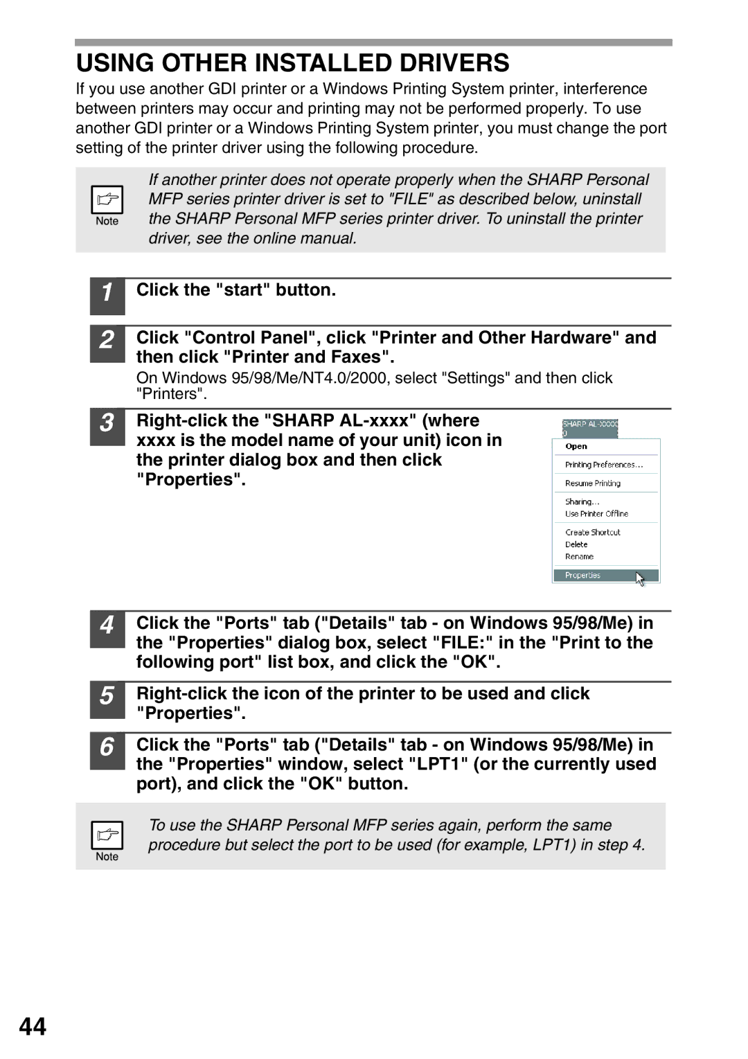 Sharp AL-1553, AL-1555, AL-1552 operation manual Using Other Installed Drivers 