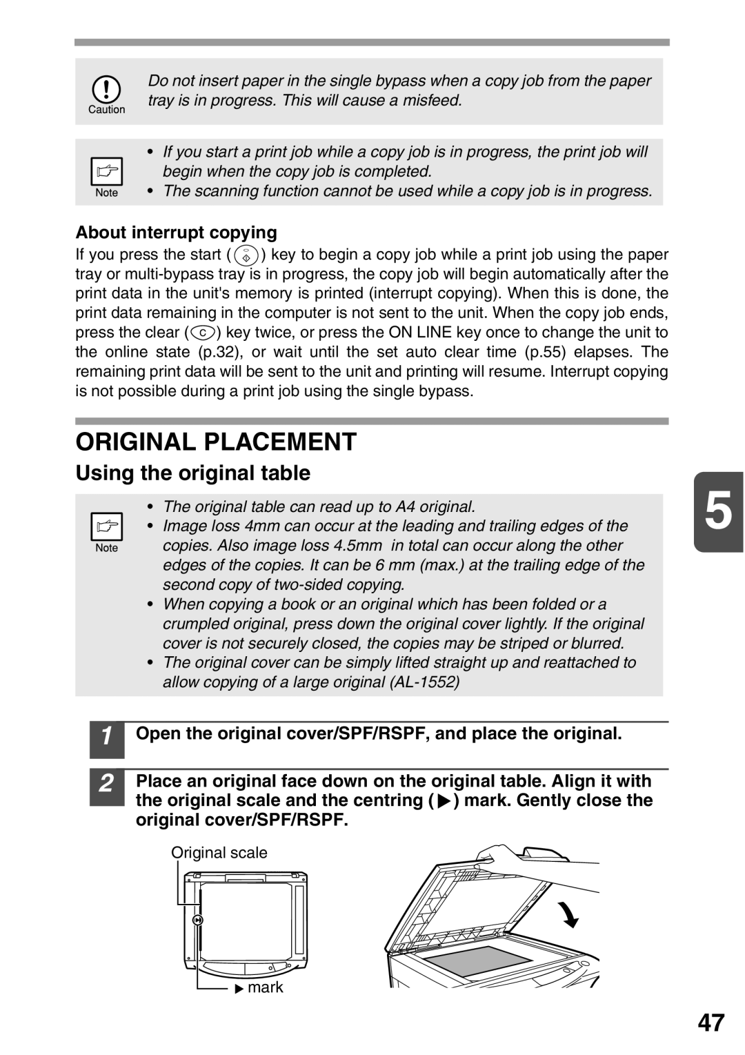 Sharp AL-1553, AL-1555, AL-1552 operation manual Original Placement, Using the original table, About interrupt copying 