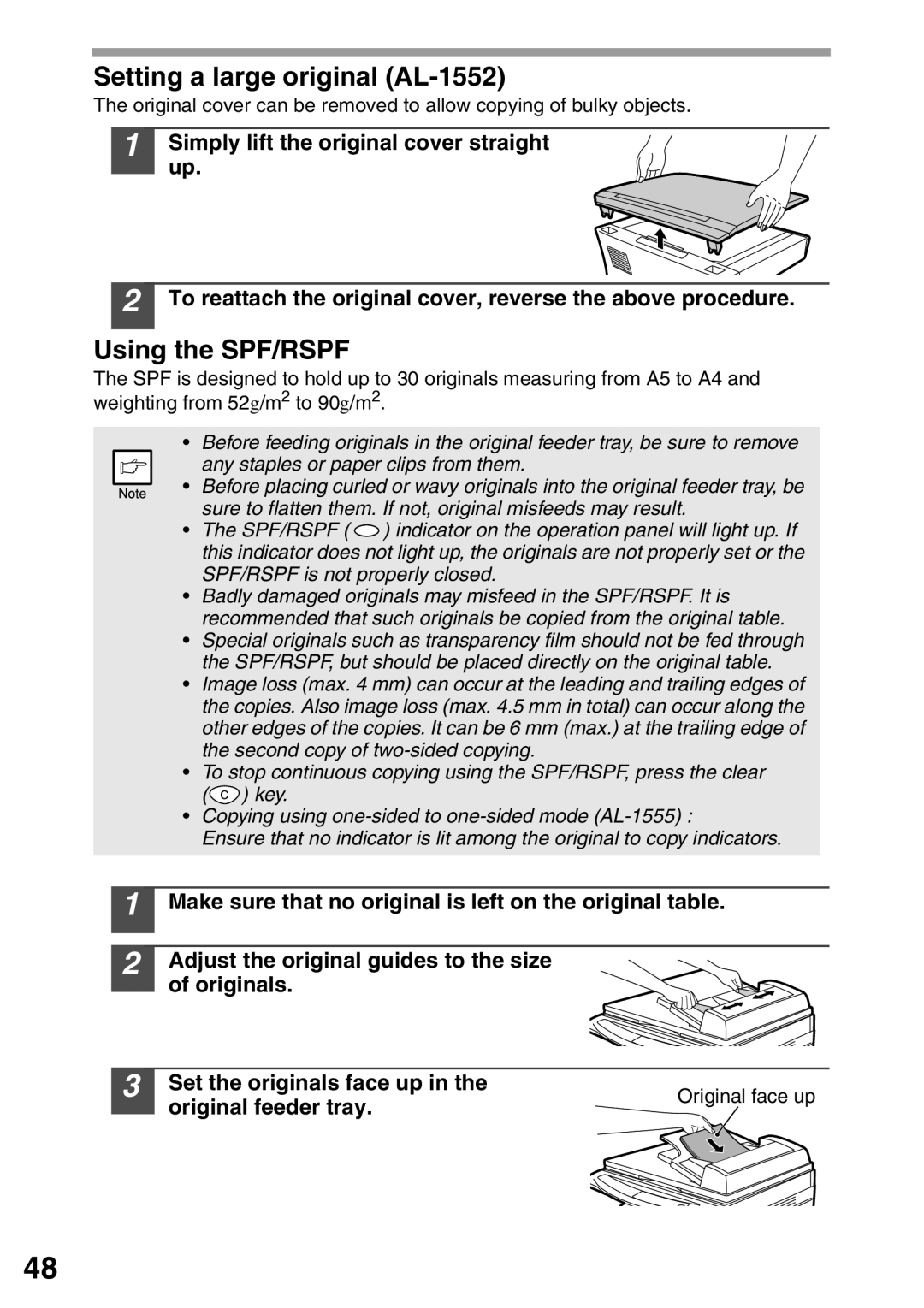 Sharp AL-1555, AL-1553 operation manual Setting a large original AL-1552, Using the SPF/RSPF, Original feeder tray 