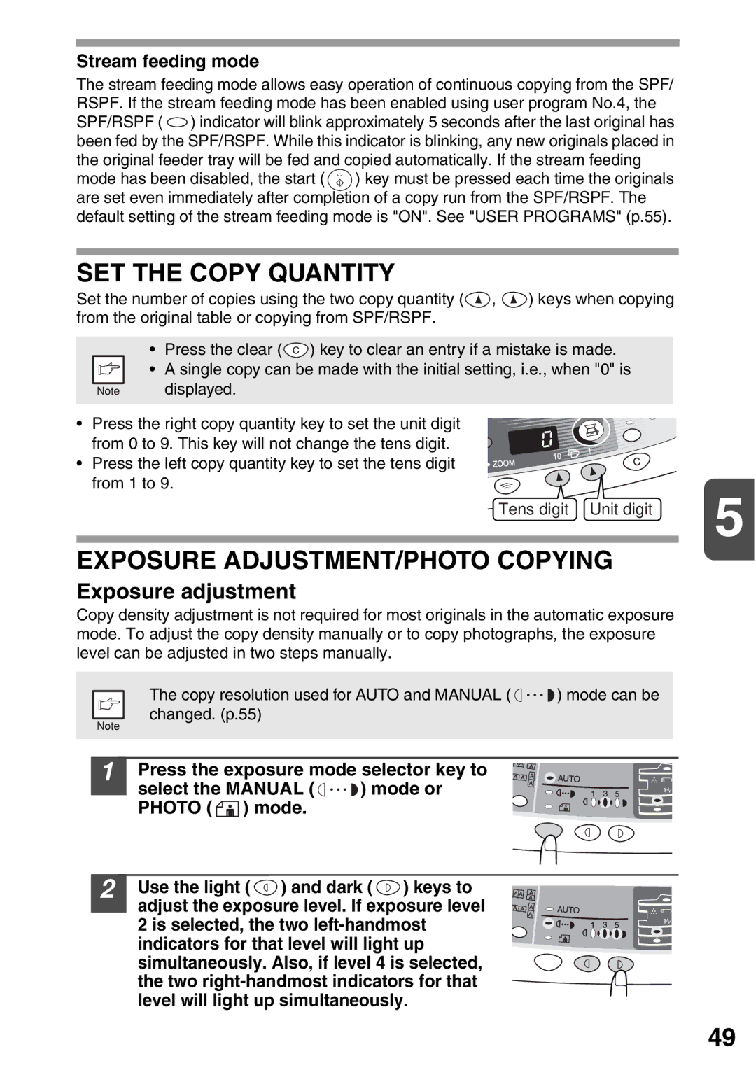 Sharp AL-1555, AL-1553 SET the Copy Quantity, Exposure ADJUSTMENT/PHOTO Copying, Exposure adjustment, Stream feeding mode 