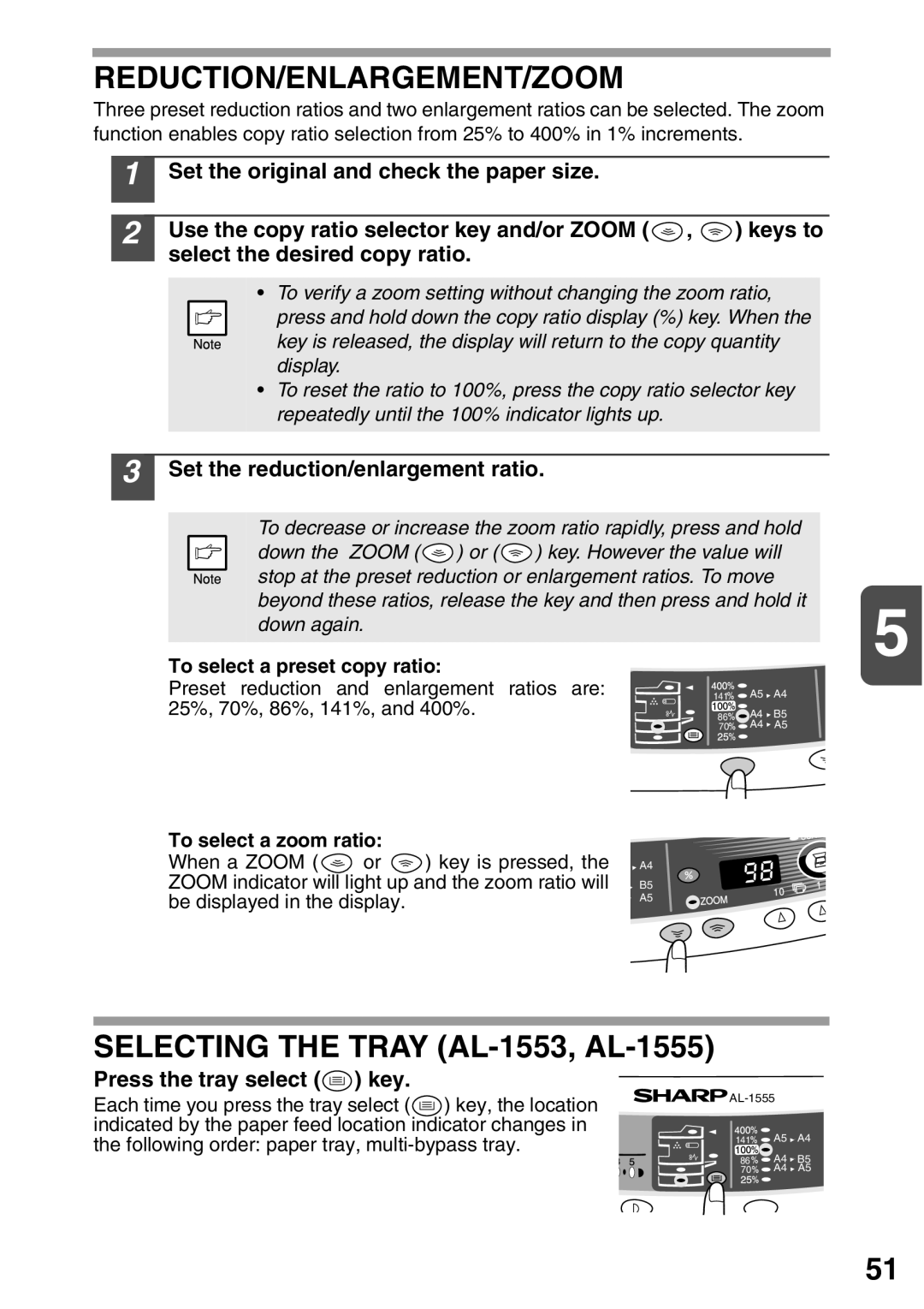 Sharp AL-1552 Reduction/Enlargement/Zoom, Selecting the Tray AL-1553, AL-1555, Set the reduction/enlargement ratio 