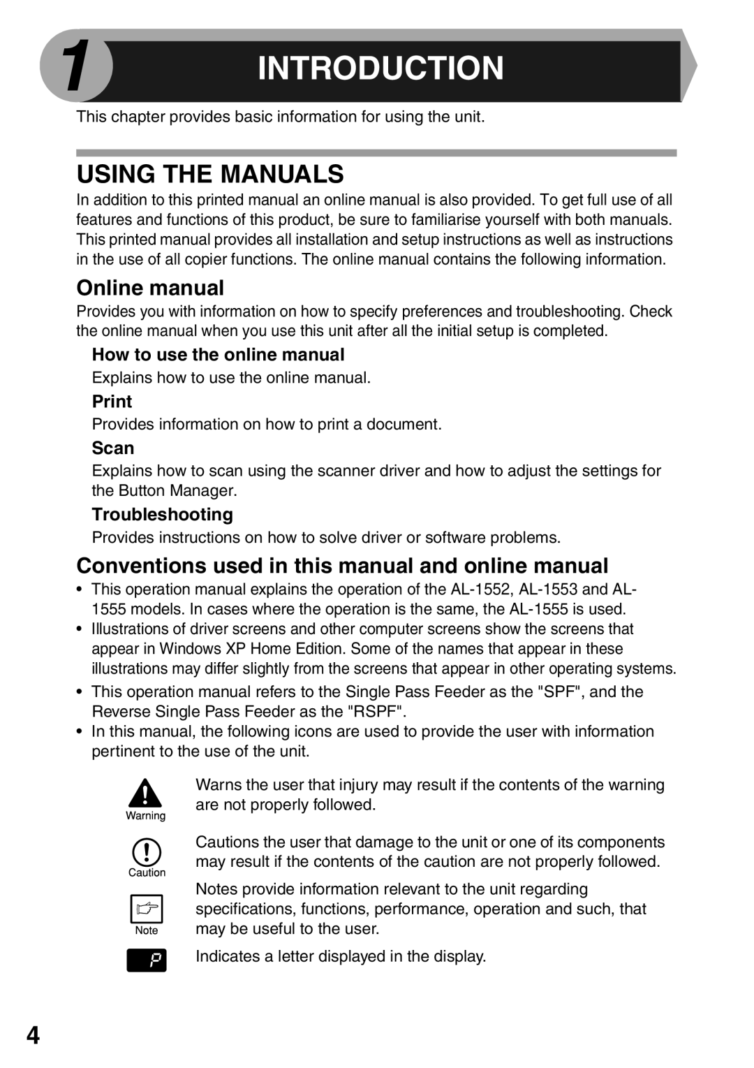 Sharp AL-1555, AL-1553, AL-1552 Using the Manuals, Online manual, Conventions used in this manual and online manual 