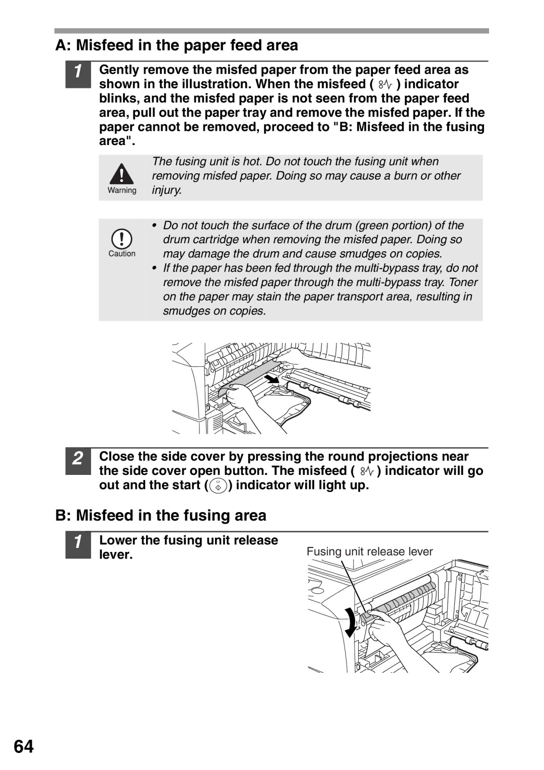 Sharp AL-1555, AL-1553, AL-1552 operation manual Misfeed in the paper feed area, Misfeed in the fusing area 