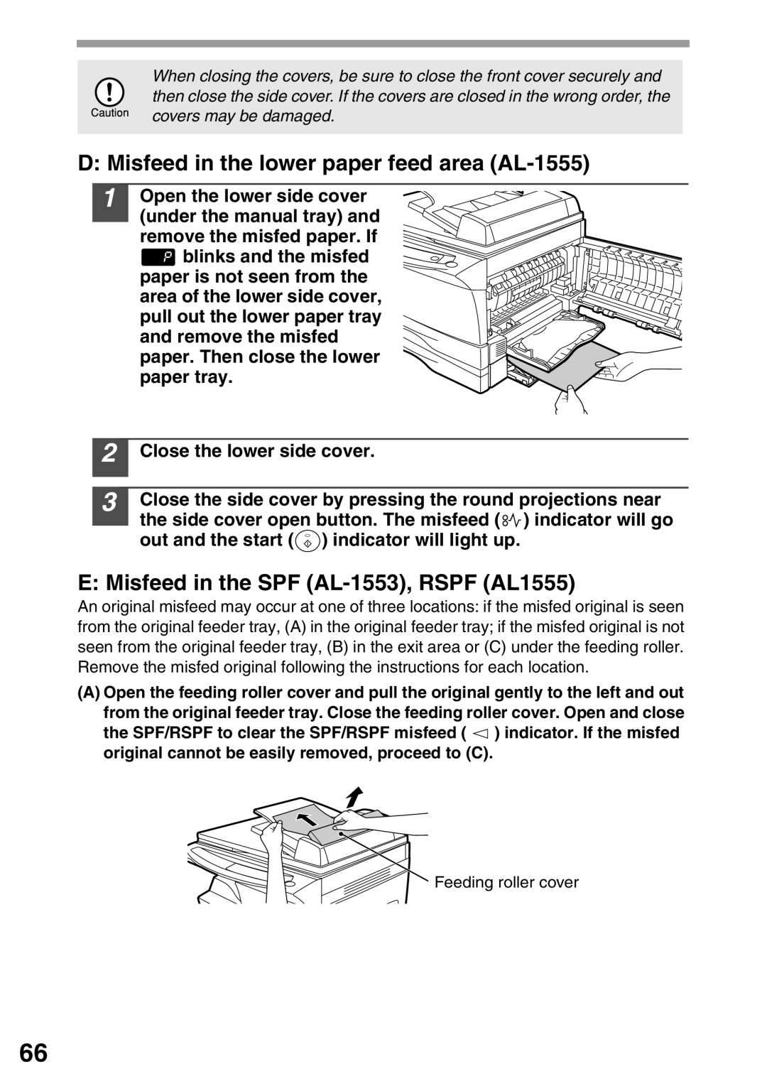 Sharp AL-1552 operation manual Misfeed in the lower paper feed area AL-1555, Misfeed in the SPF AL-1553, Rspf AL1555 