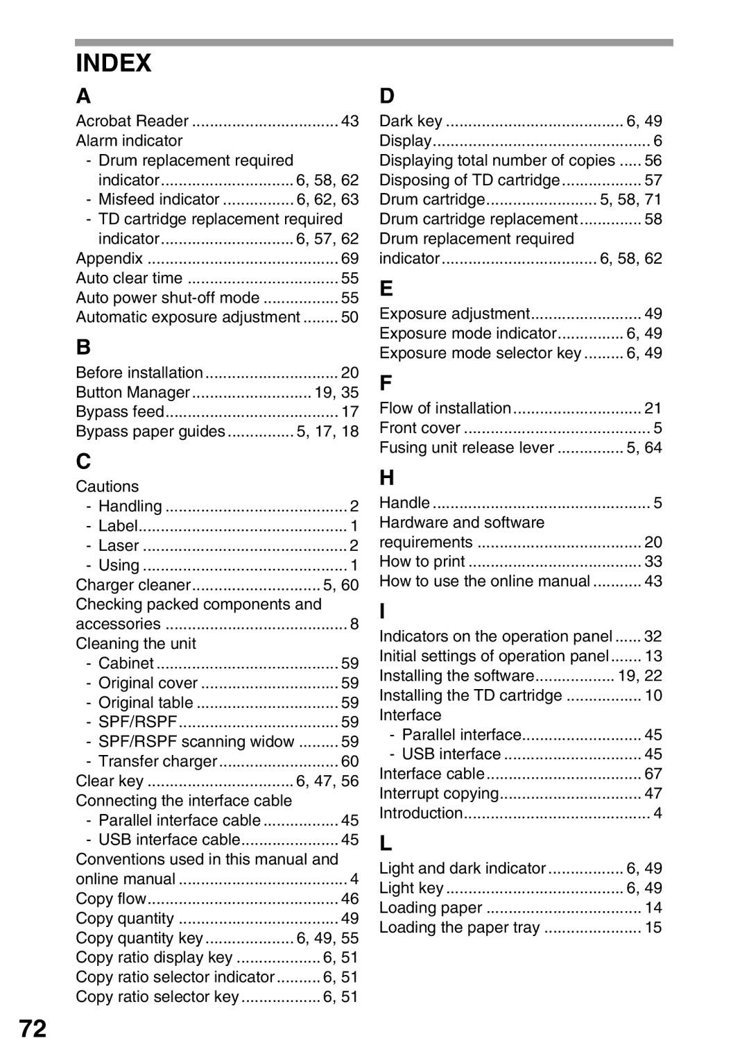 Sharp AL-1552, AL-1555, AL-1553 operation manual Index, Drum replacement required Indicator 