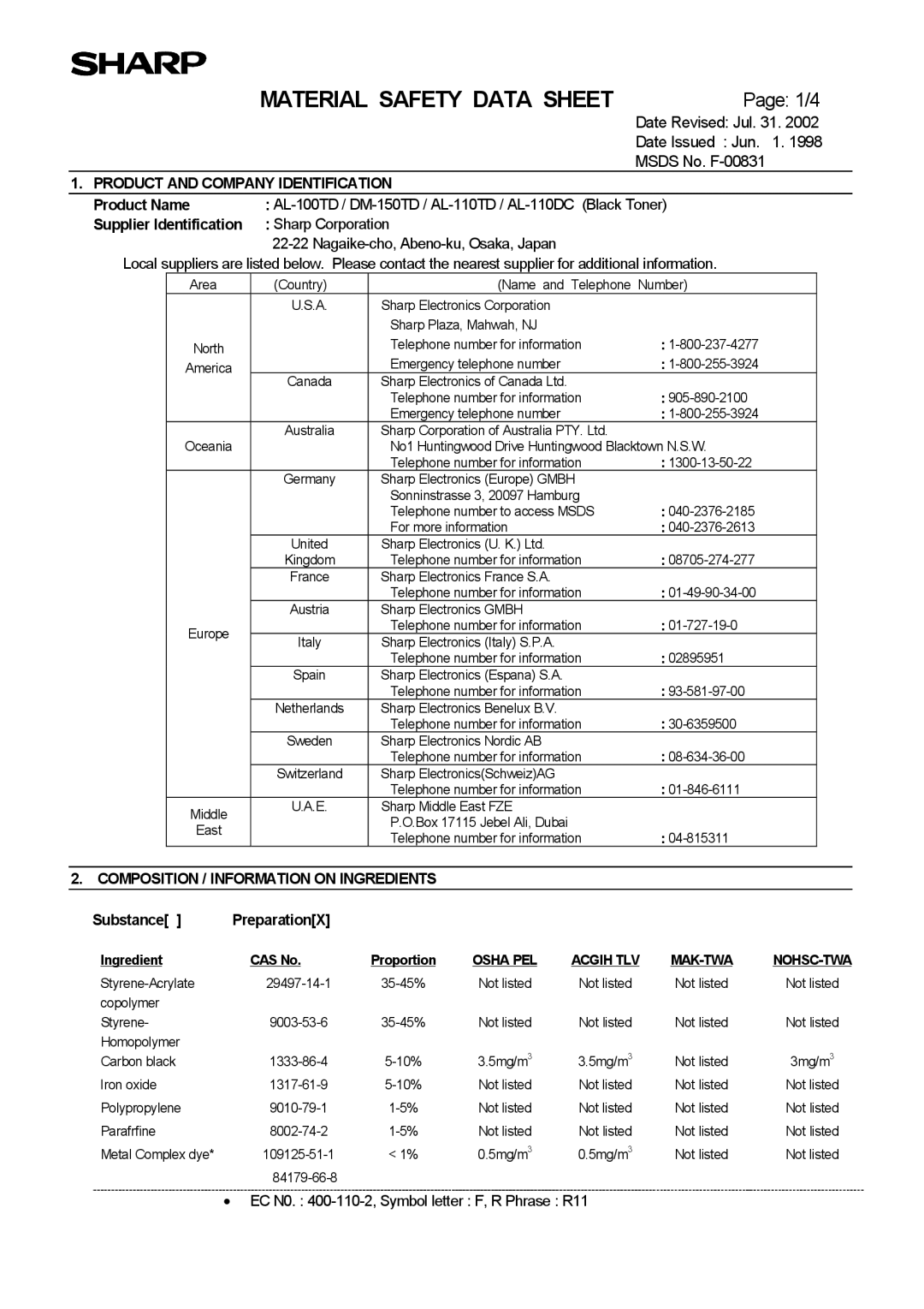 Sharp AL-1553, AL-1555, AL-1552 operation manual Material Safety Data Sheet 