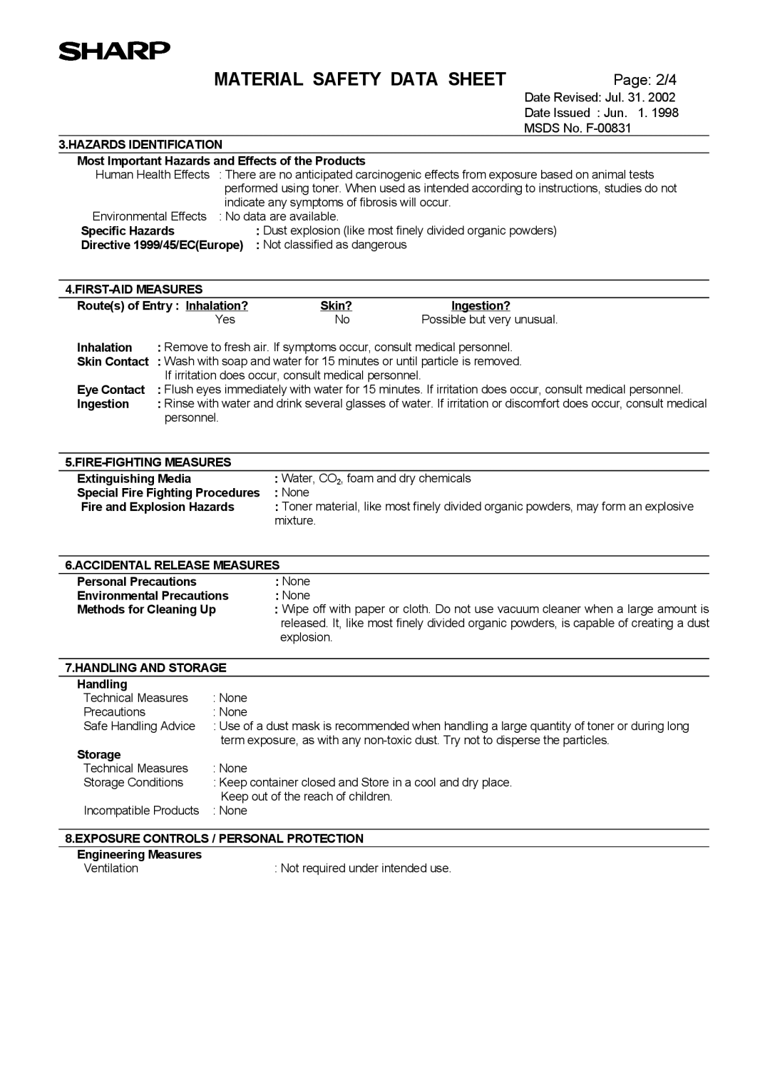 Sharp AL-1552, AL-1555, AL-1553 operation manual Material Safety Data Sheet 