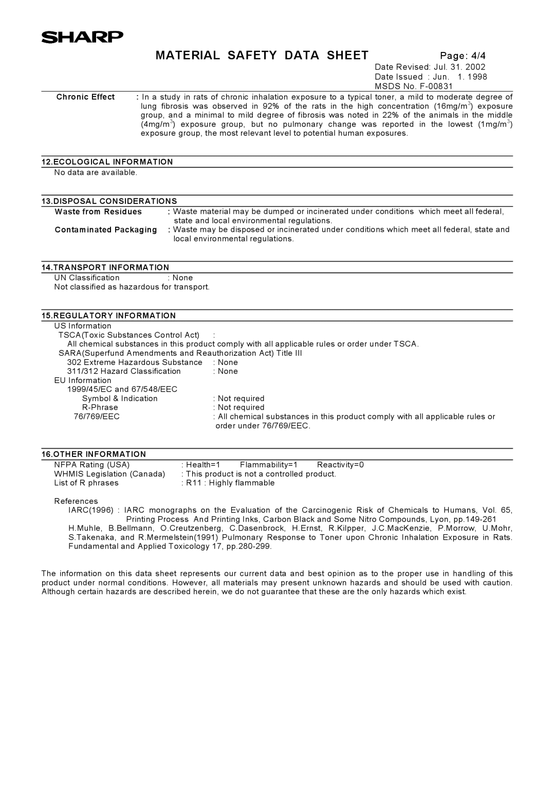 Sharp AL-1553, AL-1555, AL-1552 operation manual Material Safety Data Sheet 