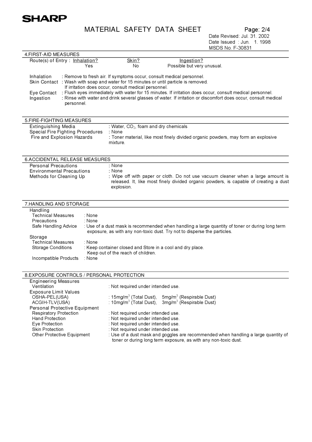 Sharp AL-1555, AL-1553, AL-1552 operation manual FIRST-AID Measures 