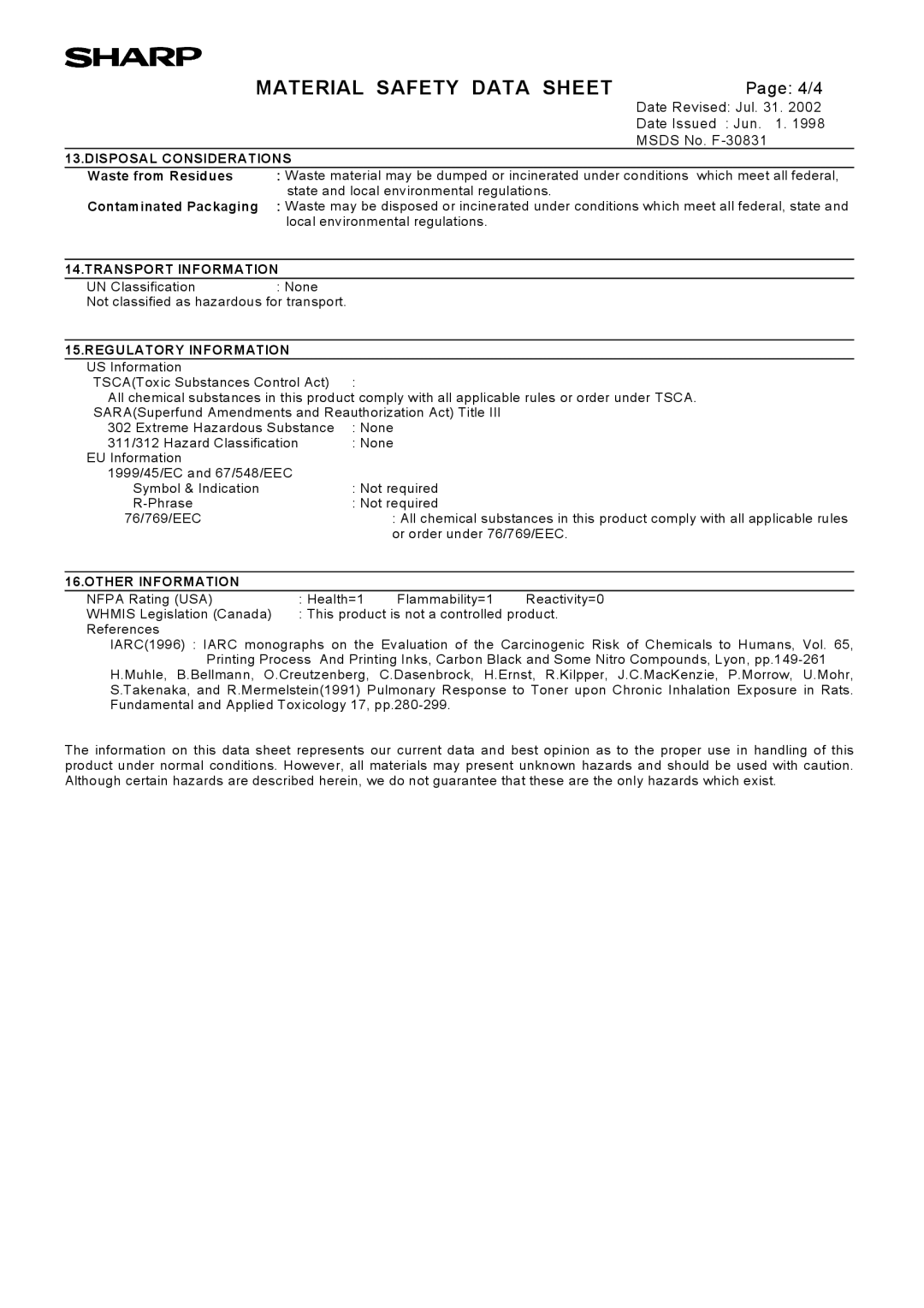 Sharp AL-1552, AL-1555, AL-1553 operation manual Msds No. F-30831 