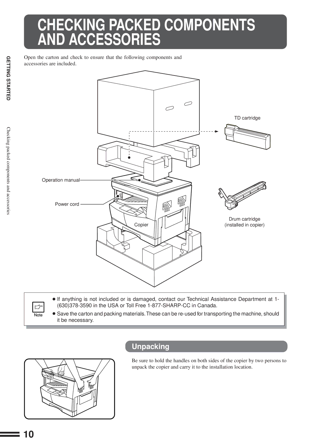 Sharp AL-1600 operation manual Checking Packed Components and Accessories, Unpacking 