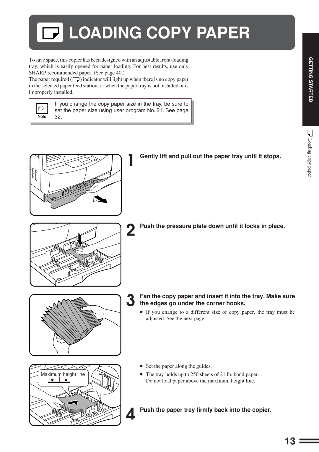 Sharp AL-1600 operation manual Loading Copy Paper, Push the paper tray firmly back into the copier 