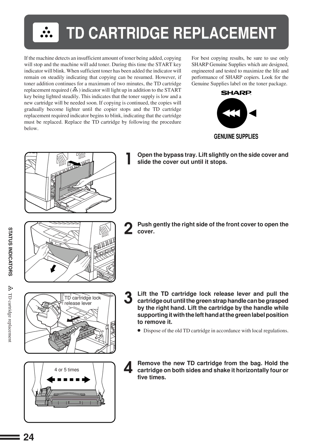 Sharp AL-1600 operation manual TD Cartridge Replacement, Push gently the right side of the front cover to open Cover 