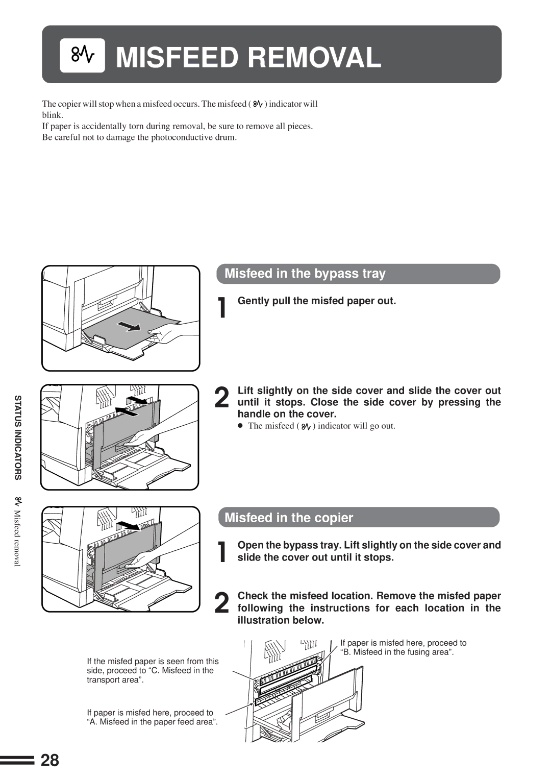 Sharp AL-1600 operation manual Misfeed Removal, Misfeed in the bypass tray, Misfeed in the copier 