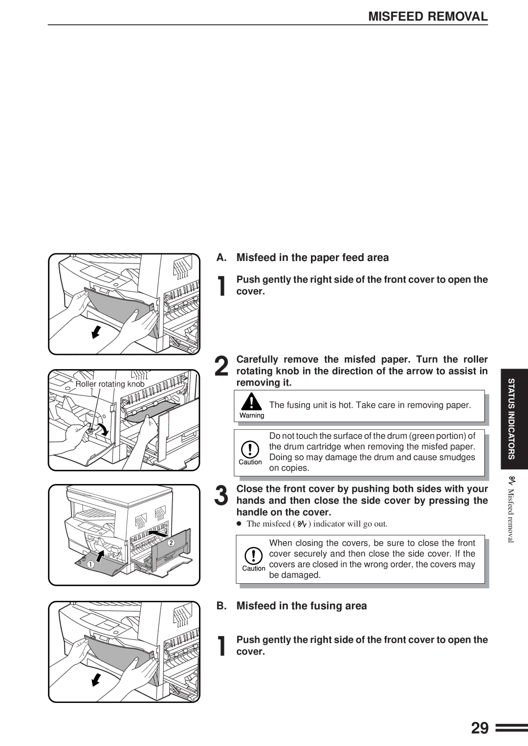 Sharp AL-1600 operation manual Misfeed Removal, Misfeed in the paper feed area 