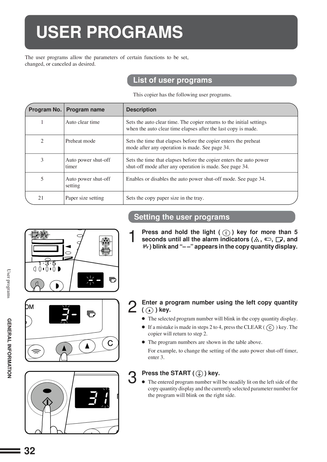 Sharp AL-1600 operation manual User Programs, List of user programs, Setting the user programs 