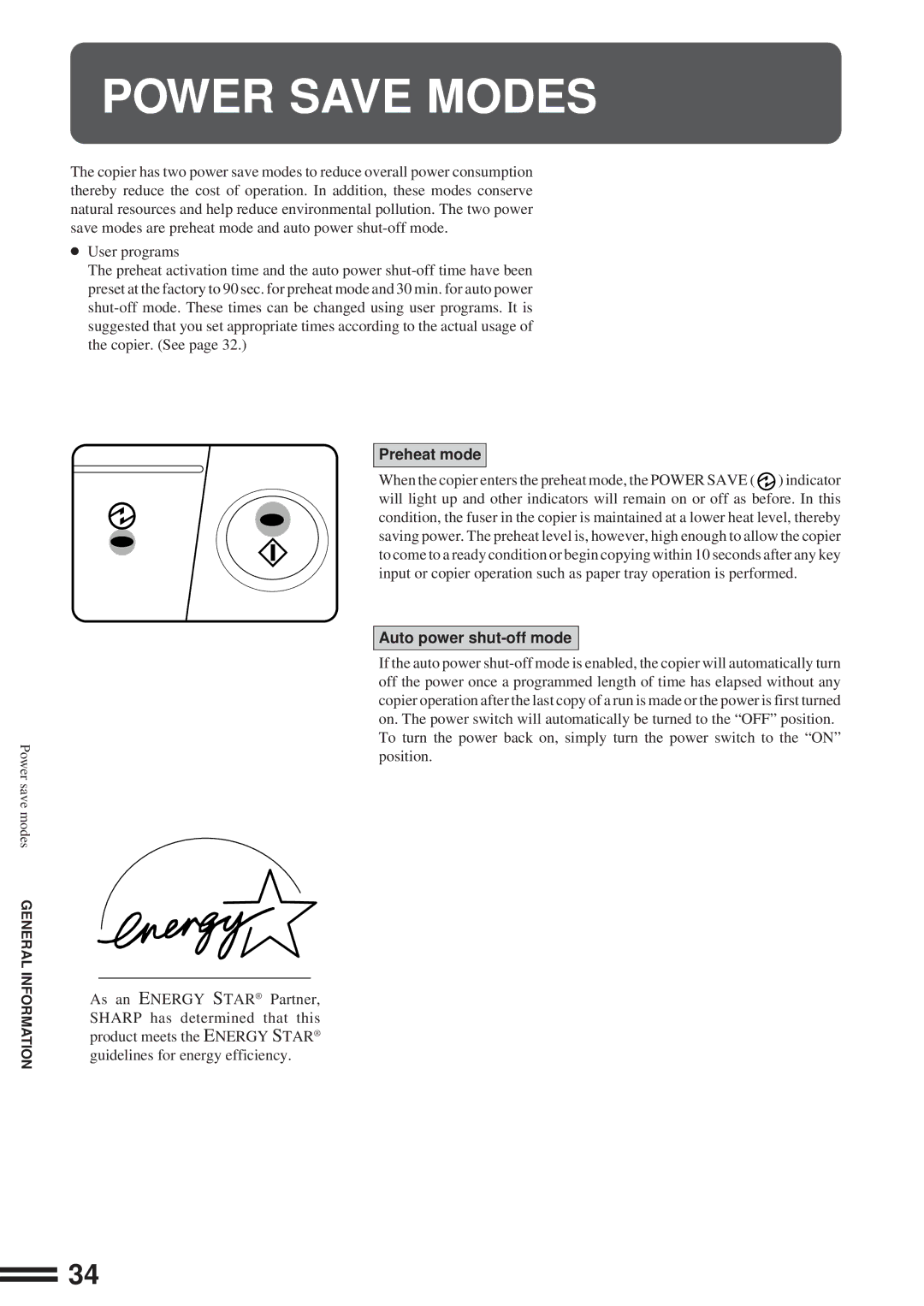 Sharp AL-1600 operation manual Power Save Modes, Preheat mode, Auto power shut-off mode 