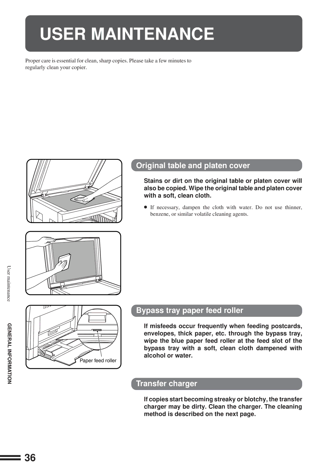 Sharp AL-1600 User Maintenance, Original table and platen cover, Bypass tray paper feed roller, Transfer charger 