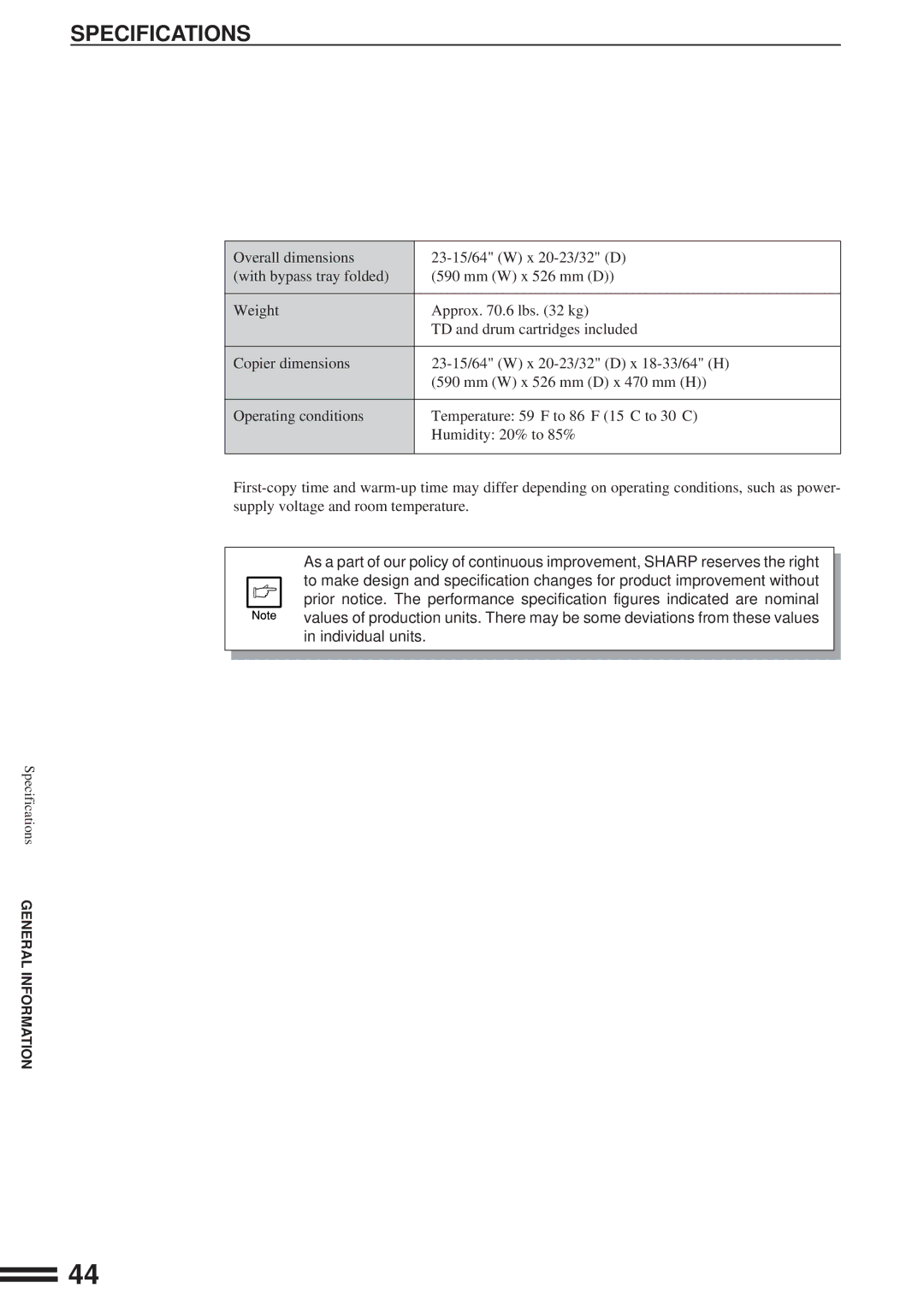 Sharp AL-1600 operation manual Specifications 