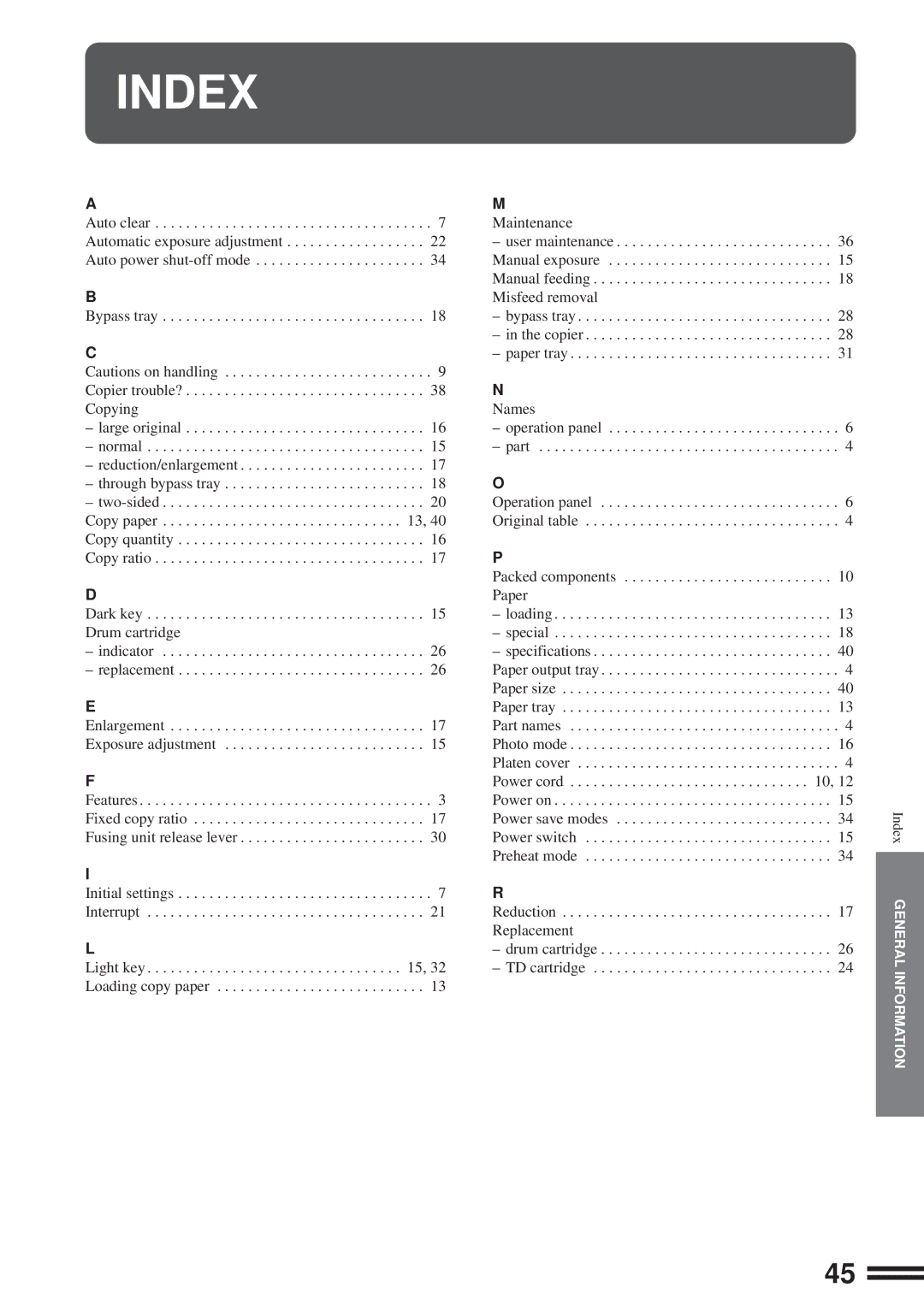 Sharp AL-1600 operation manual Index 