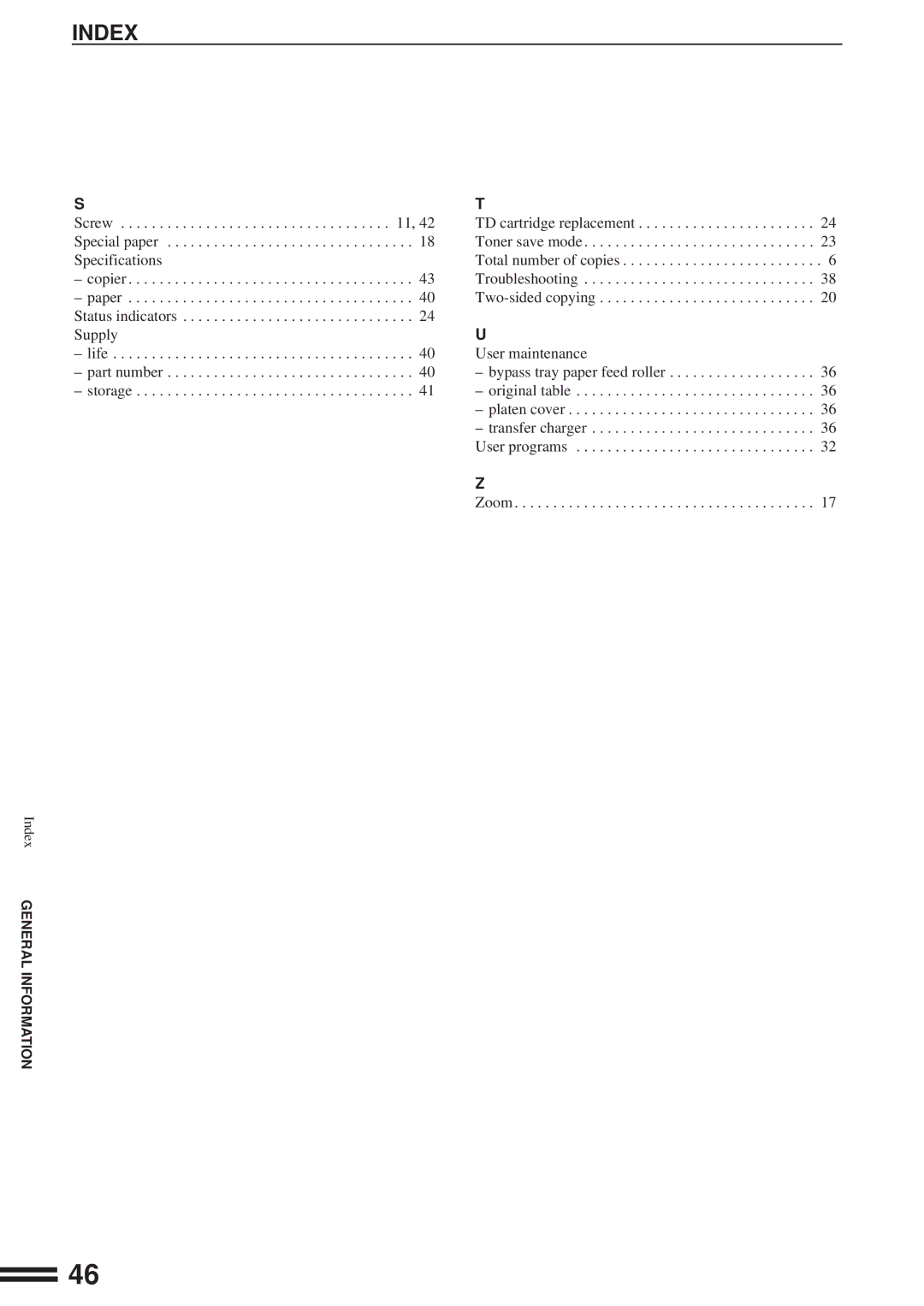 Sharp AL-1600 operation manual Index 