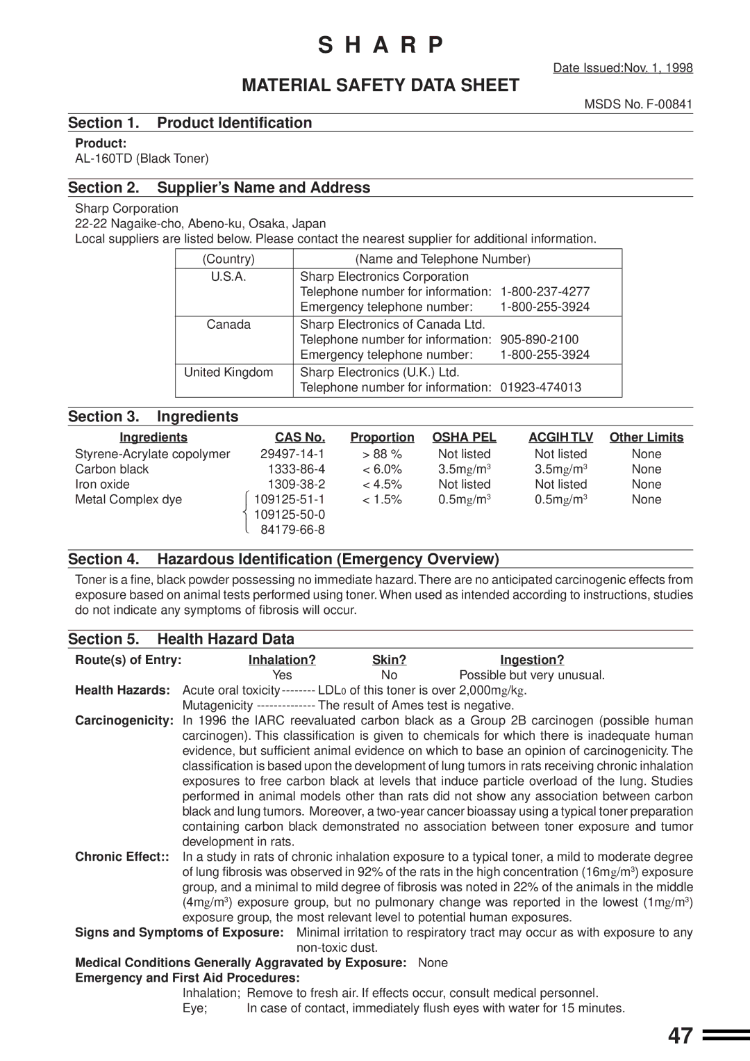 Sharp AL-1600 operation manual Material Safety Data Sheet 