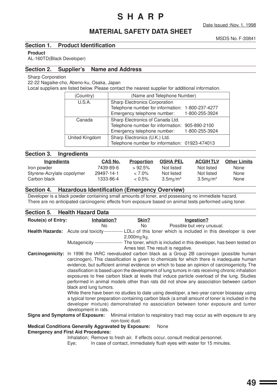 Sharp AL-1600 operation manual Ingredients CAS No Proportion, Other Limits, Health Hazards 