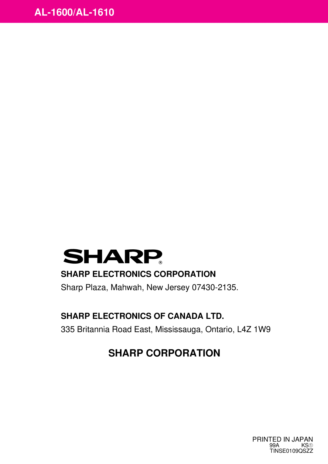 Sharp AL-1600 operation manual Sharp Corporation 