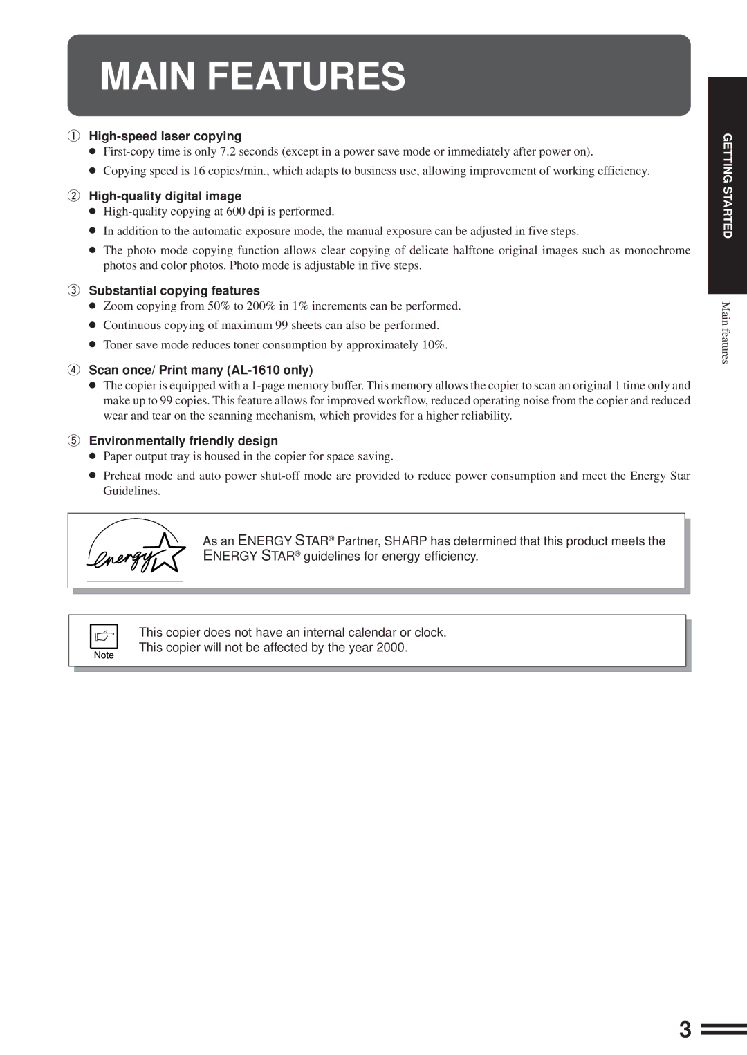 Sharp AL-1600 operation manual Main Features 