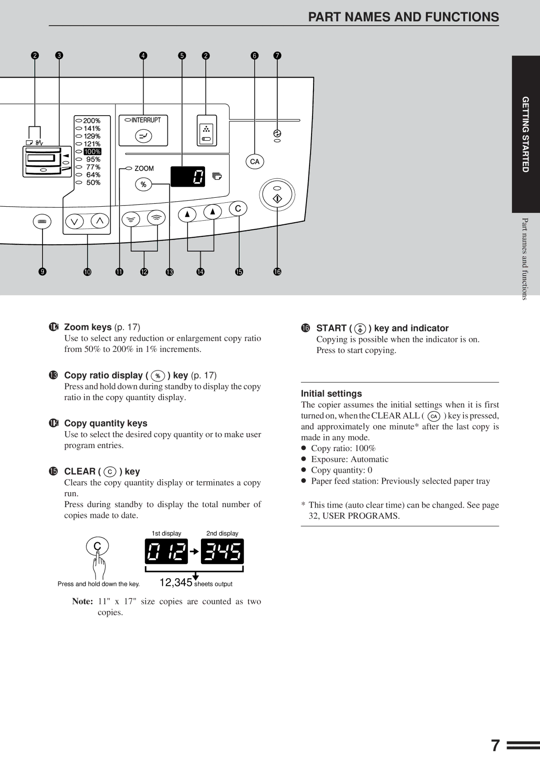 Sharp AL-1600 2Zoom keys p, 3Copy ratio display key p, 4Copy quantity keys, 5CLEAR key, 6START key and indicator 