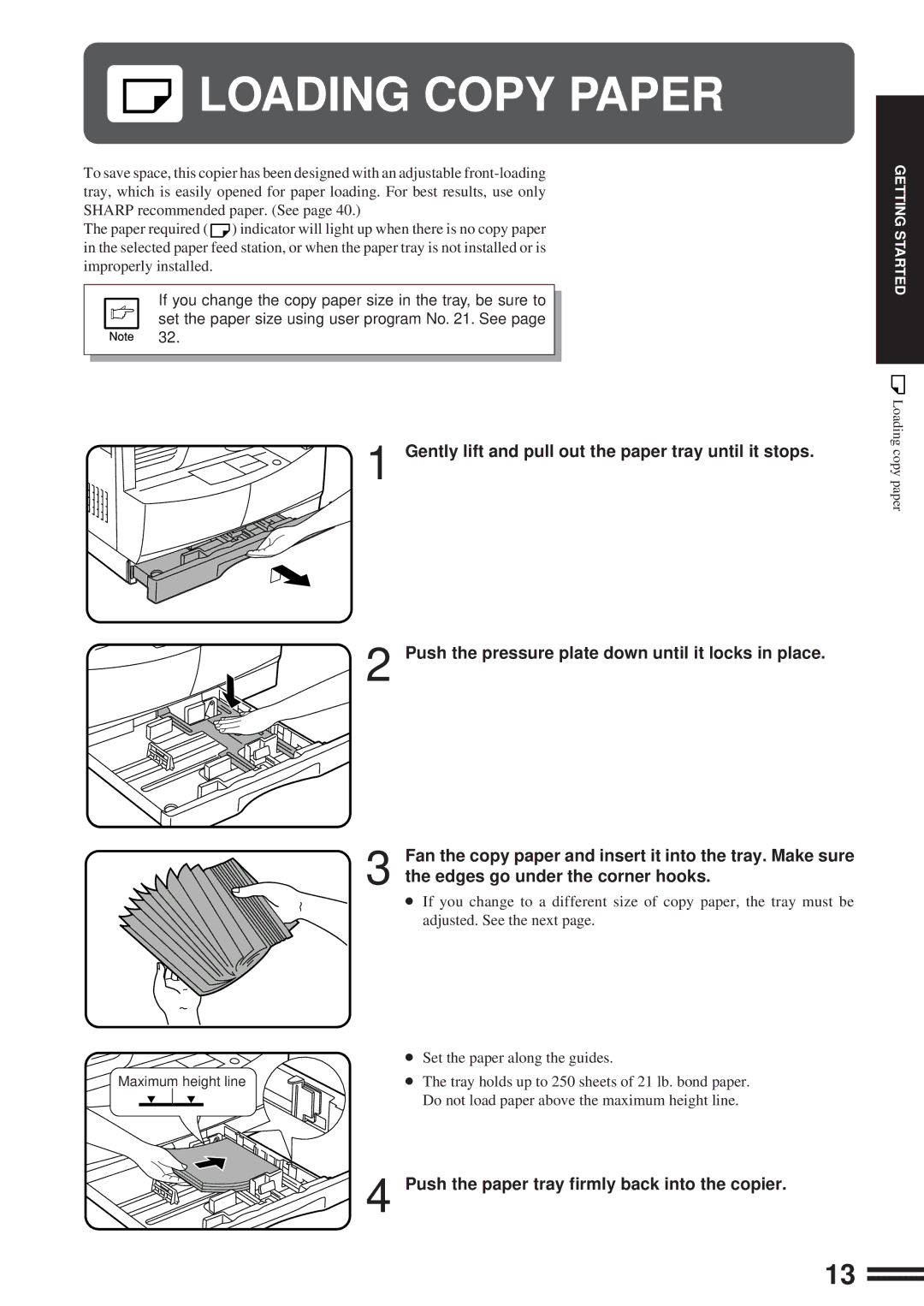 Sharp AL-1610 operation manual Loading Copy Paper, Push the paper tray firmly back into the copier 