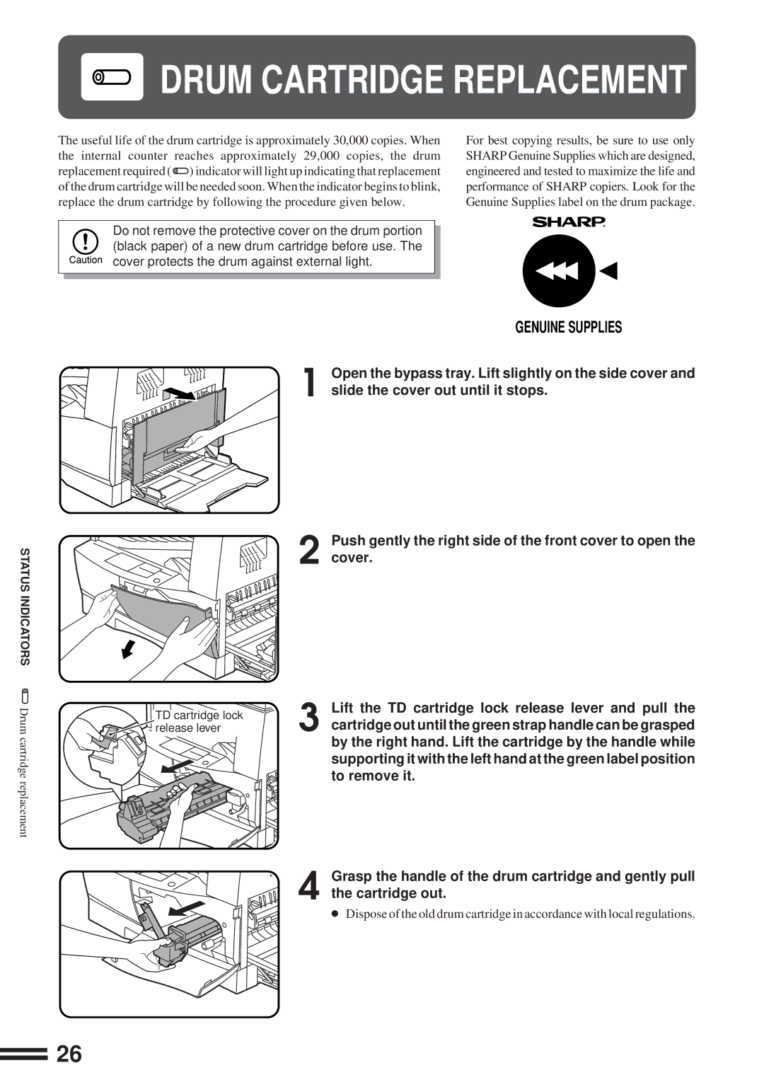 Sharp AL-1610 operation manual Lift the TD cartridge lock release lever and pull, To remove it 