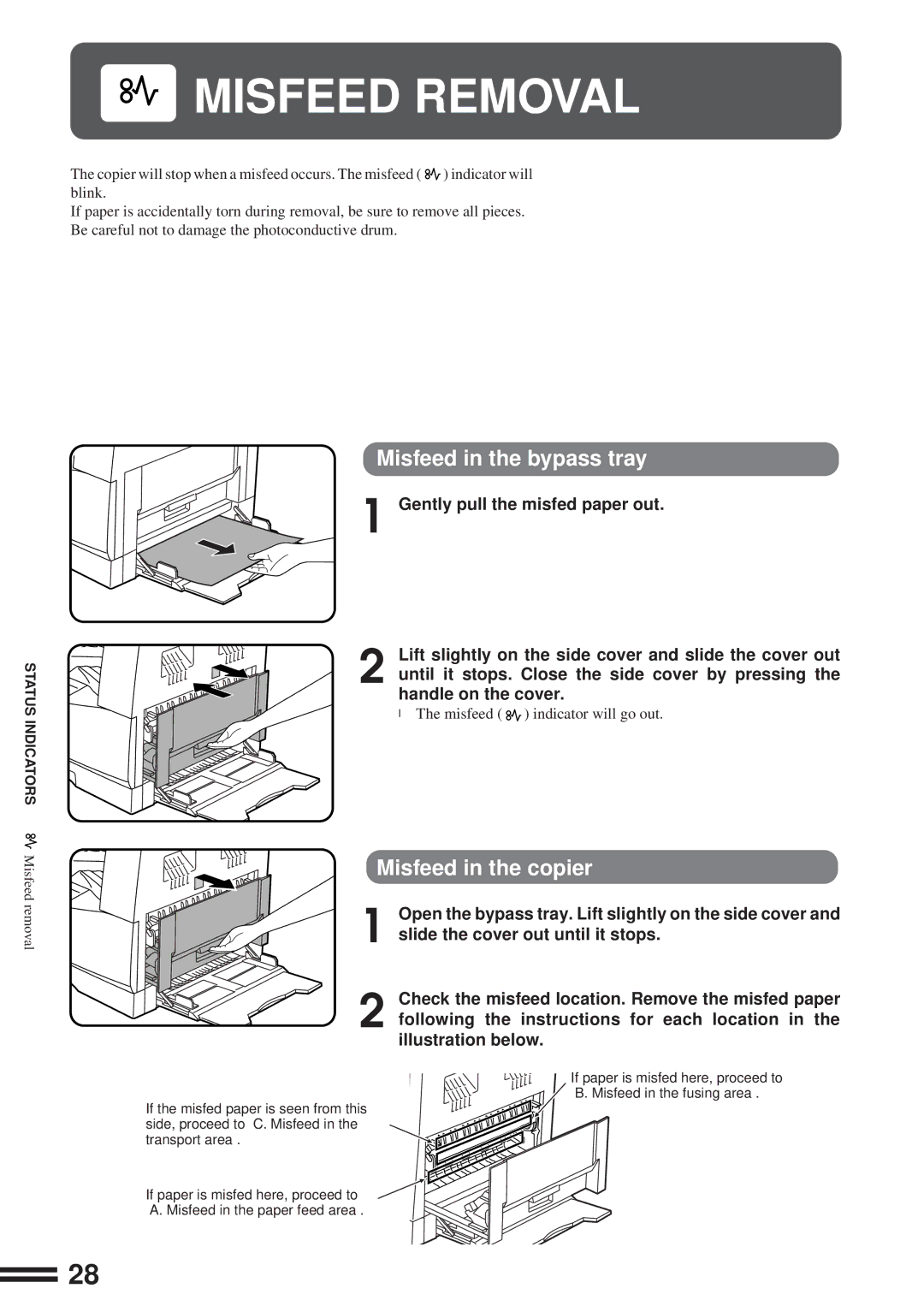 Sharp AL-1610 operation manual Misfeed Removal, Misfeed in the bypass tray, Misfeed in the copier 