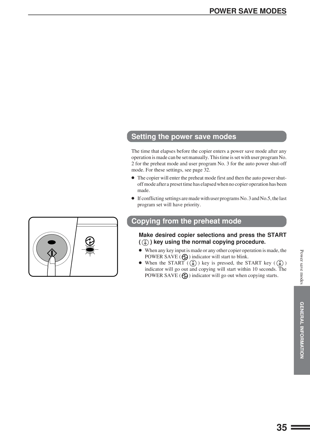 Sharp AL-1610 operation manual Power Save Modes, Setting the power save modes, Copying from the preheat mode 