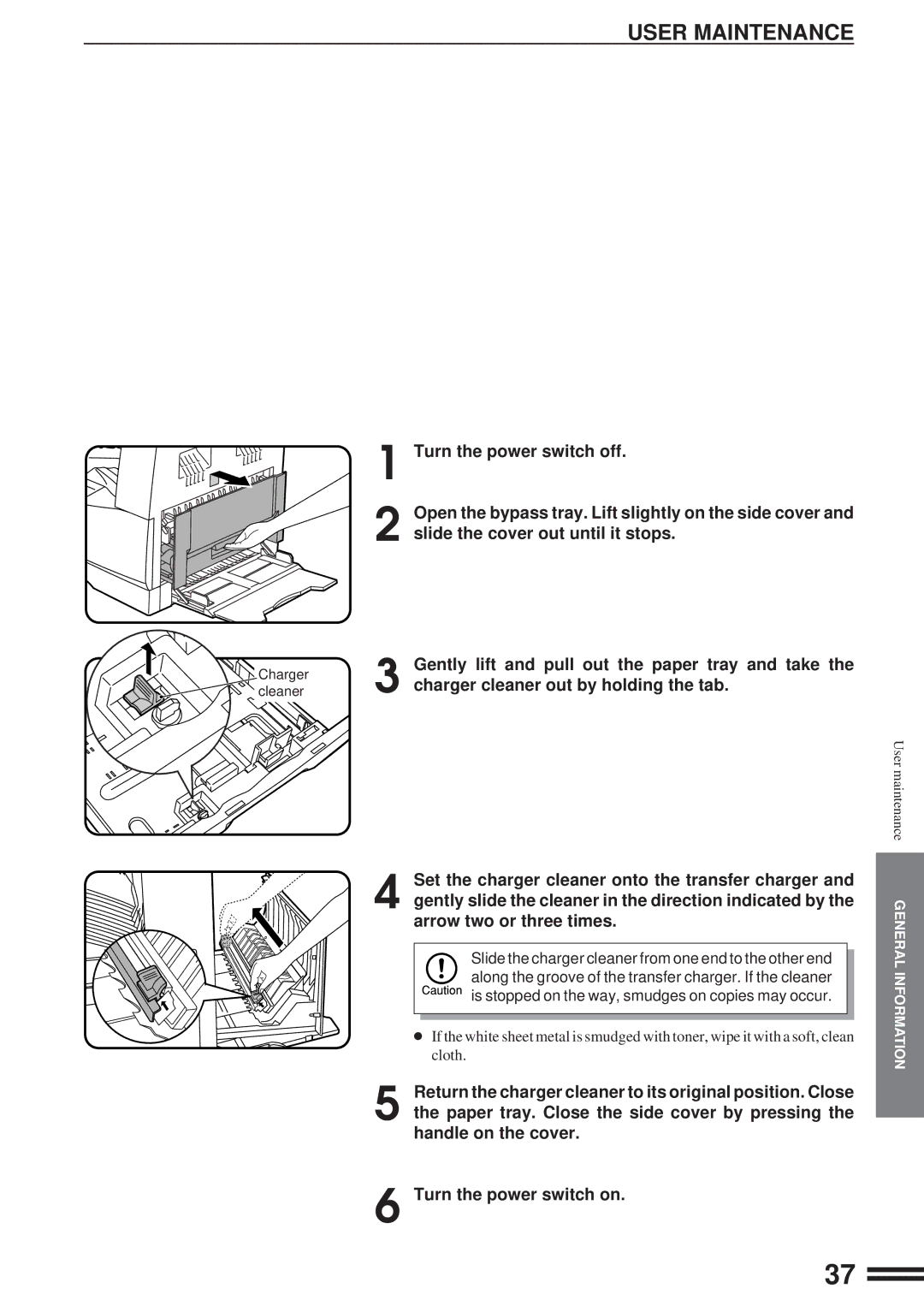 Sharp AL-1610 User Maintenance, Gently lift and pull out the paper tray and take, Charger cleaner out by holding the tab 