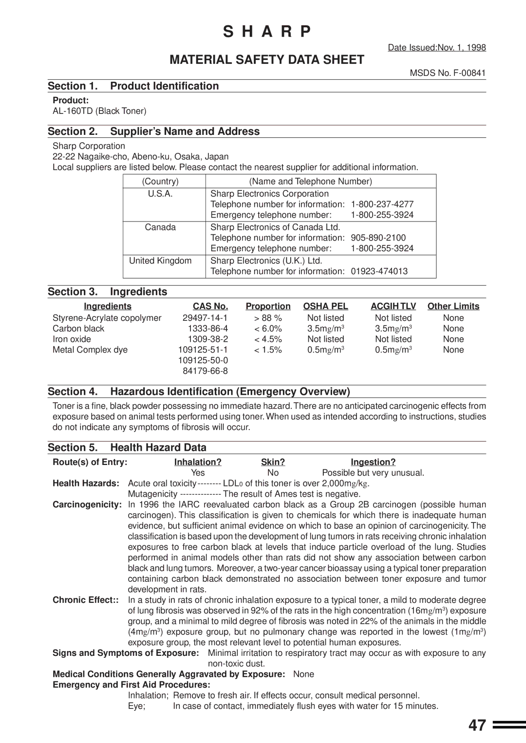 Sharp AL-1610 operation manual Material Safety Data Sheet 