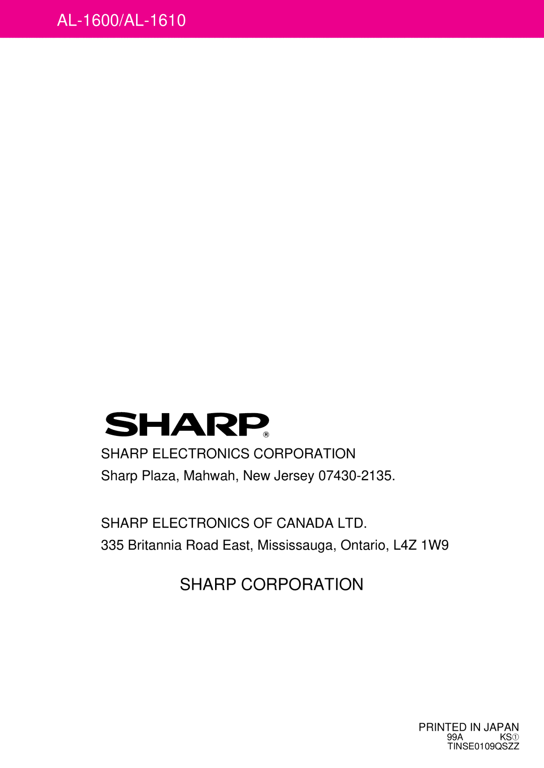 Sharp AL-1610 operation manual Sharp Corporation 