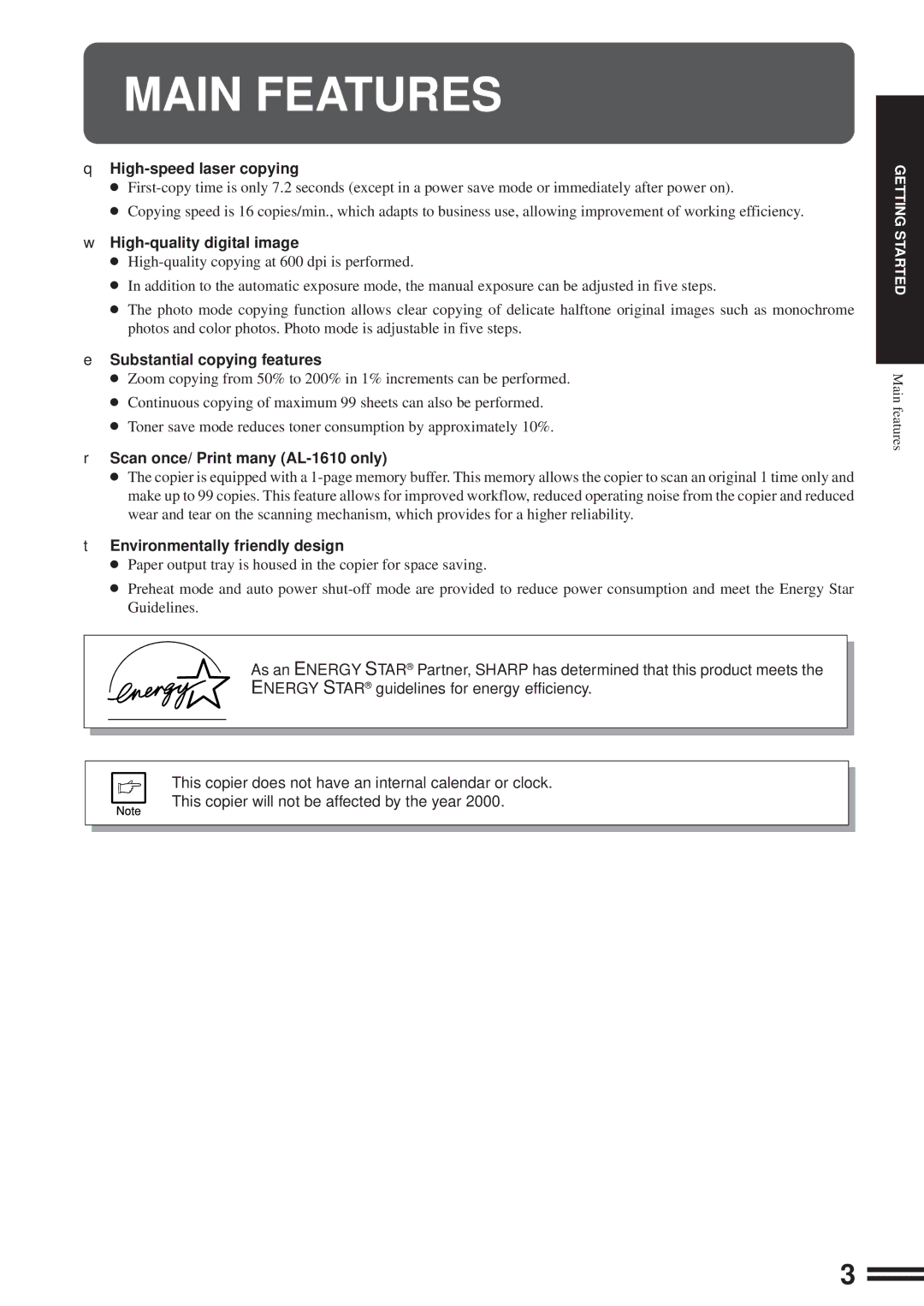 Sharp AL-1610 operation manual Main Features 