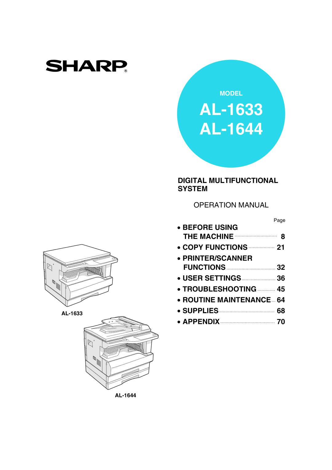 Sharp AL-1633 operation manual AL-1644 