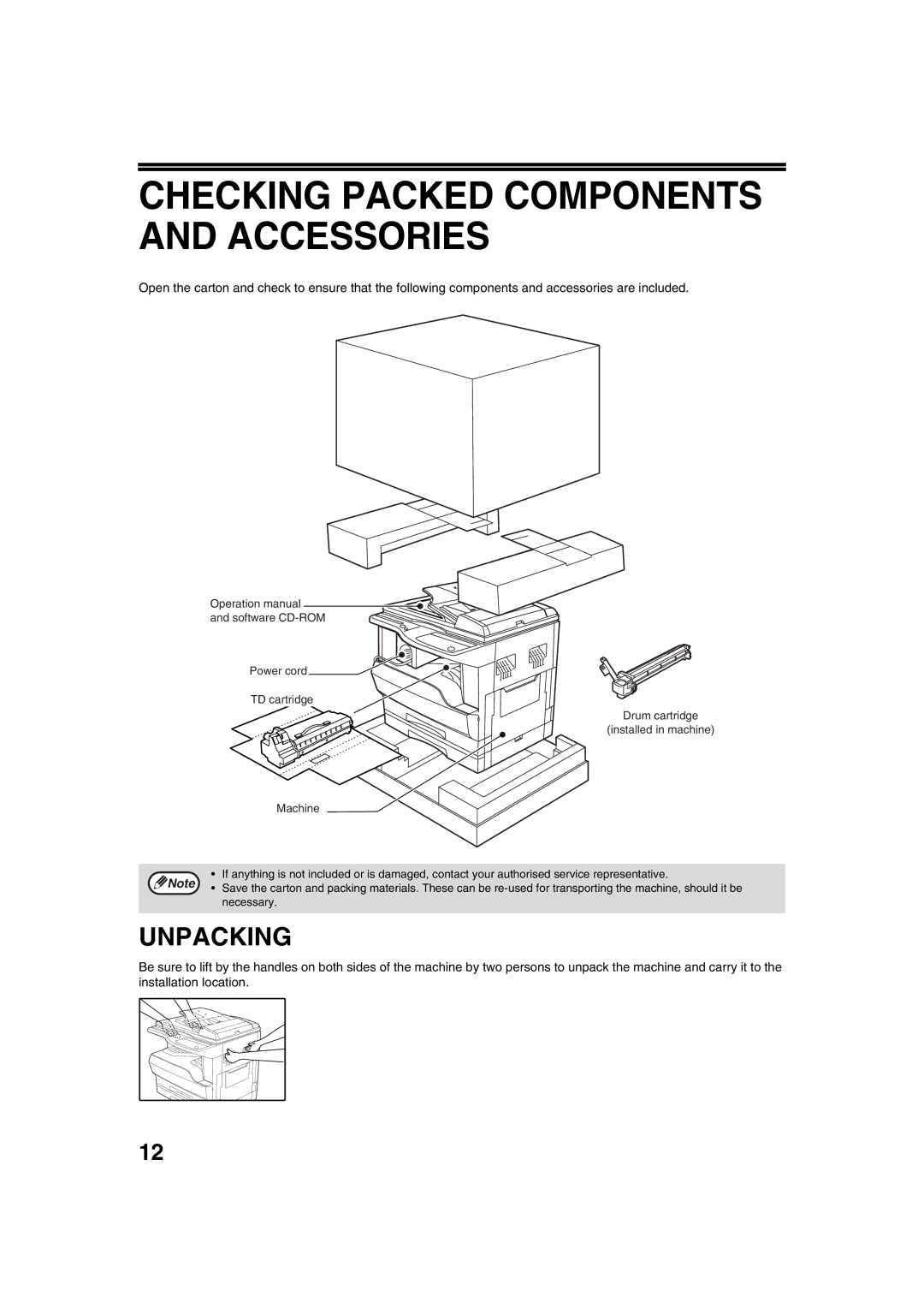 Sharp AL-1644, AL-1633 operation manual Checking Packed Components and Accessories, Unpacking 