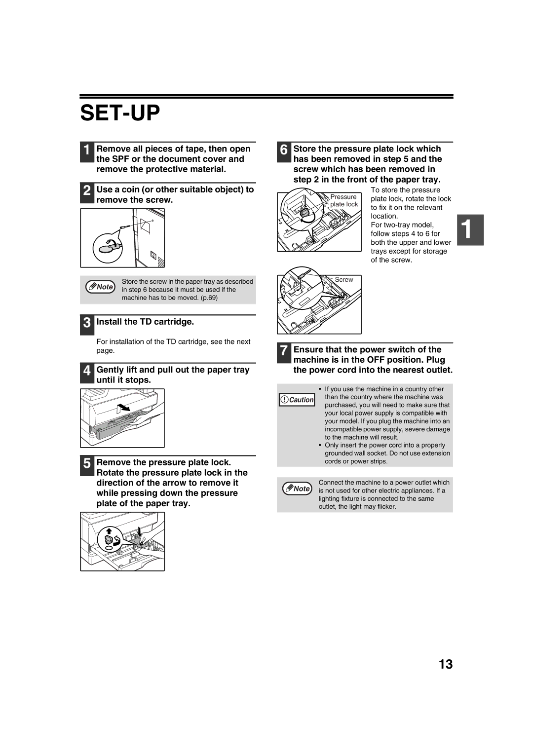 Sharp AL-1633, AL-1644 Set-Up, Install the TD cartridge, Gently lift and pull out the paper tray until it stops 