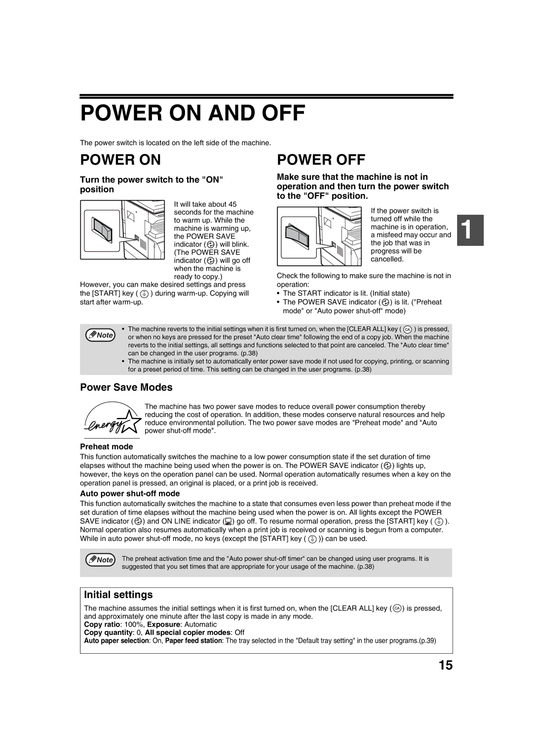 Sharp AL-1633, AL-1644 operation manual Power on and OFF, Power OFF, Power Save Modes, Initial settings 