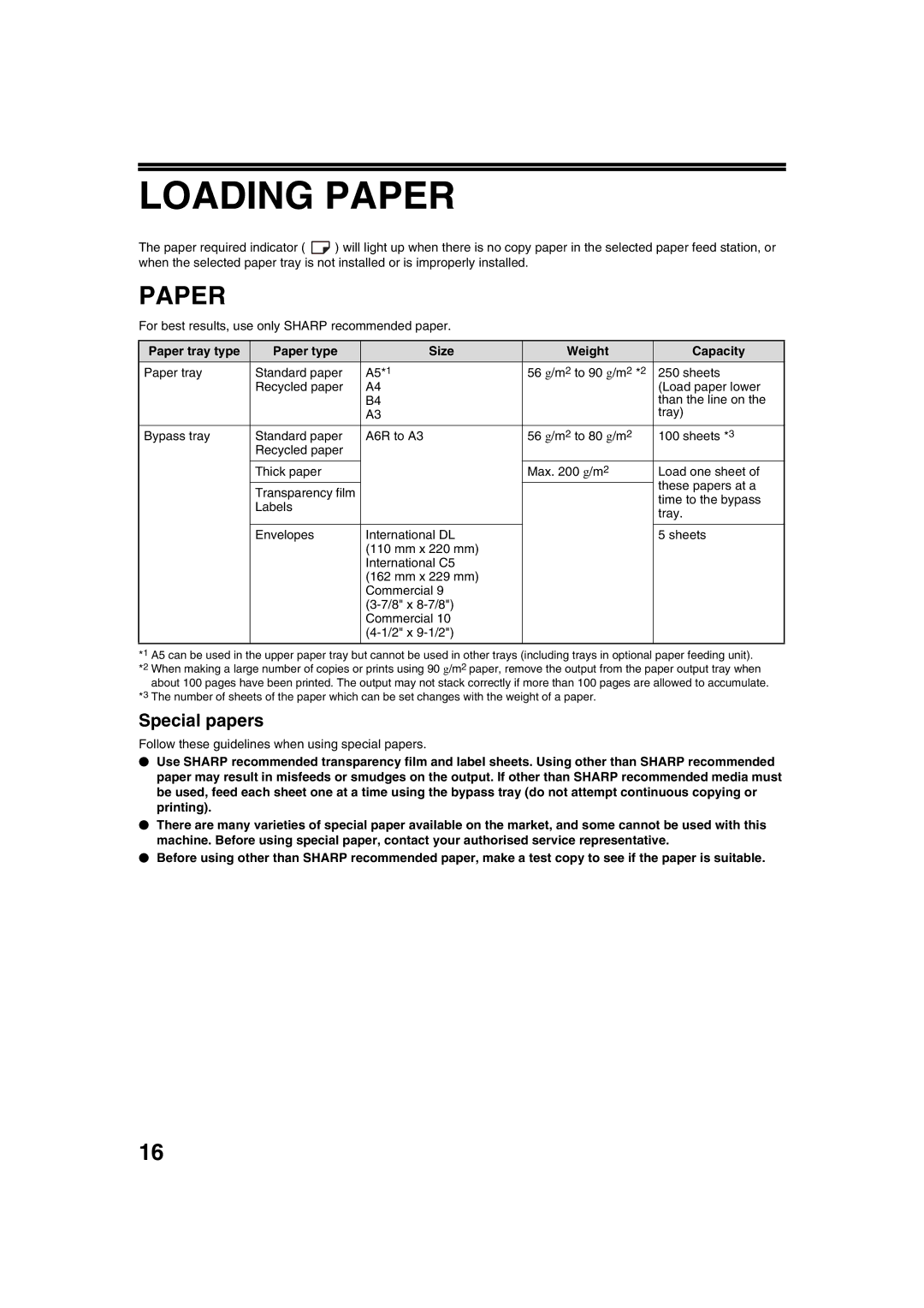 Sharp AL-1644, AL-1633 operation manual Loading Paper, Special papers, Paper tray type Paper type Size Weight Capacity 