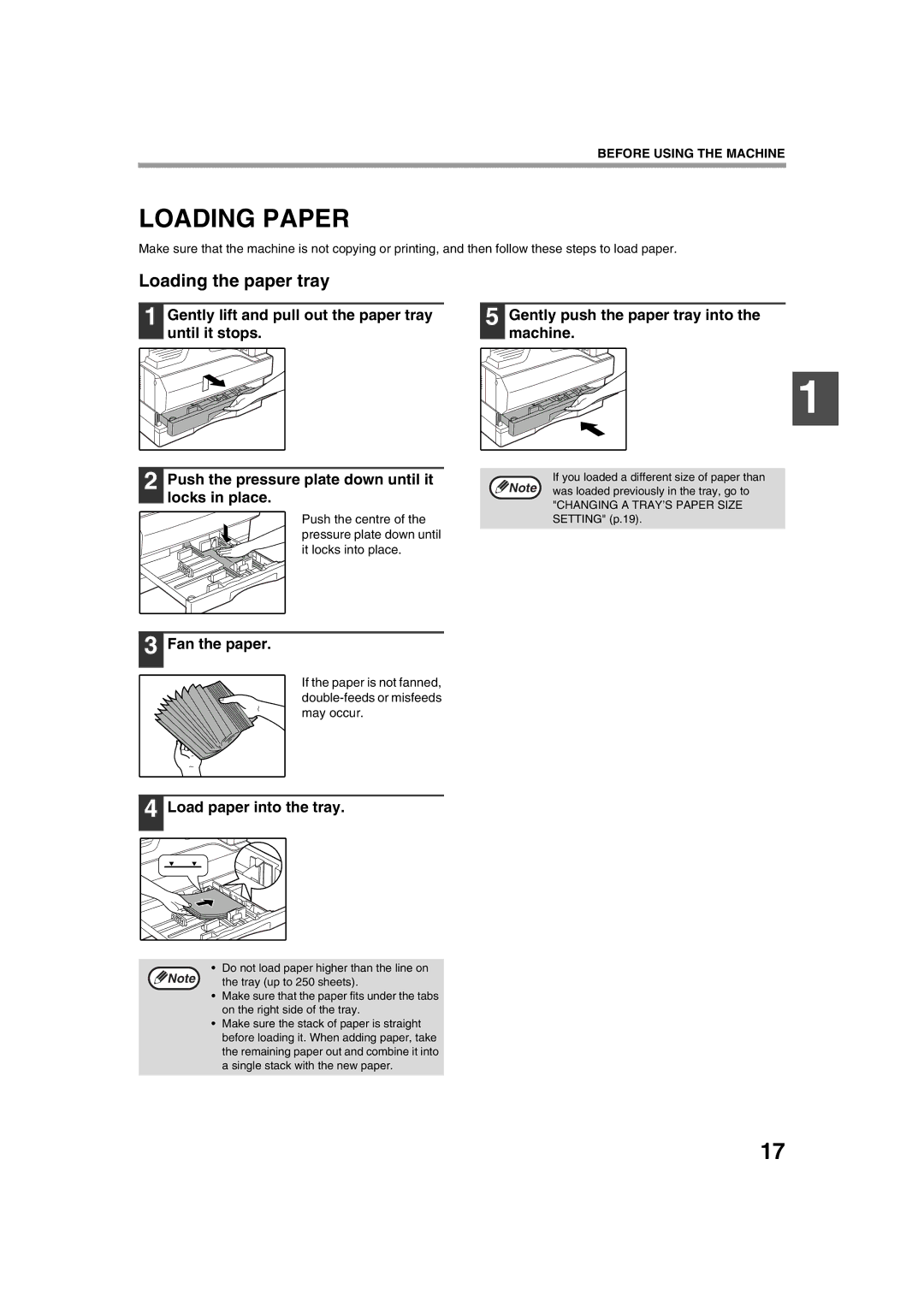 Sharp AL-1633, AL-1644 Loading Paper, Loading the paper tray, Locks in place, Fan the paper, Load paper into the tray 