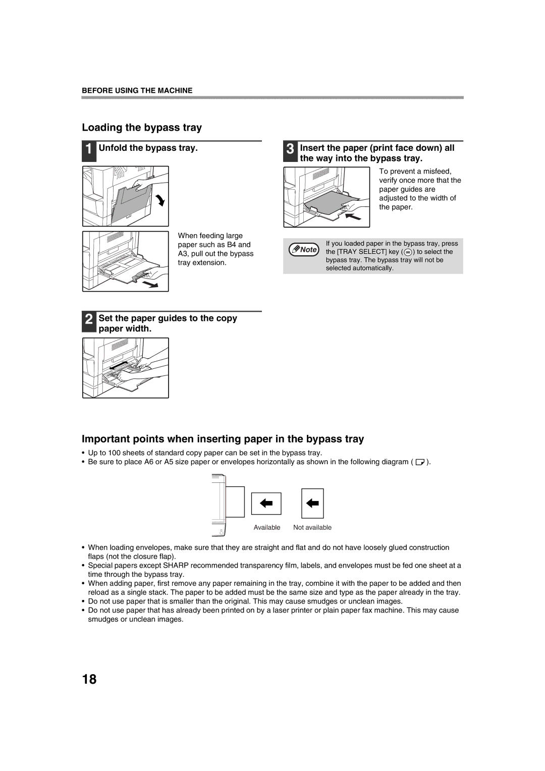 Sharp AL-1644 Loading the bypass tray, Important points when inserting paper in the bypass tray, Unfold the bypass tray 