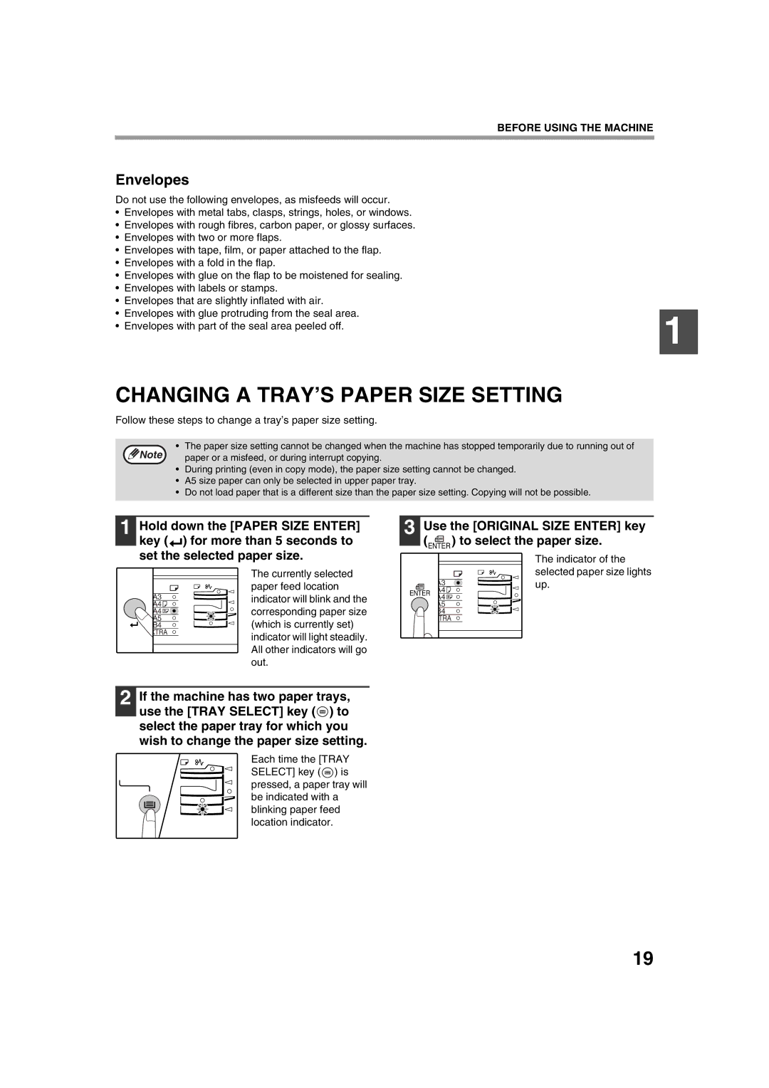 Sharp AL-1633, AL-1644 operation manual Changing a TRAY’S Paper Size Setting, Envelopes 