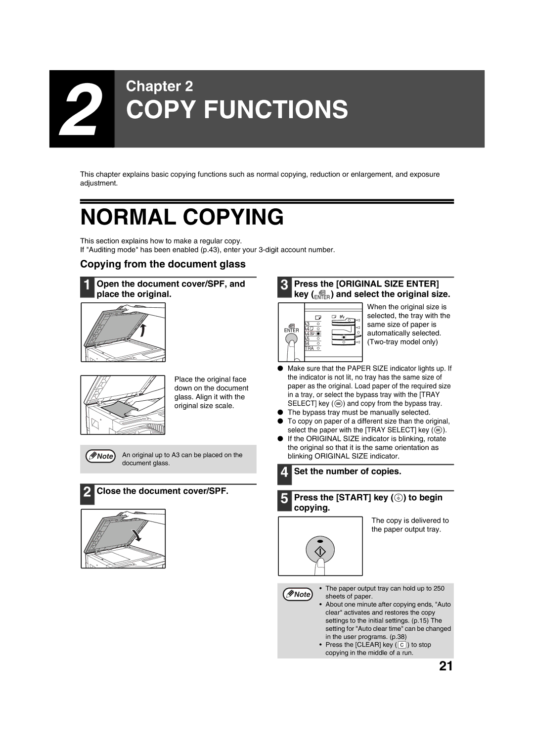 Sharp AL-1633 Normal Copying, Copying from the document glass, Open the document cover/SPF, and place the original 